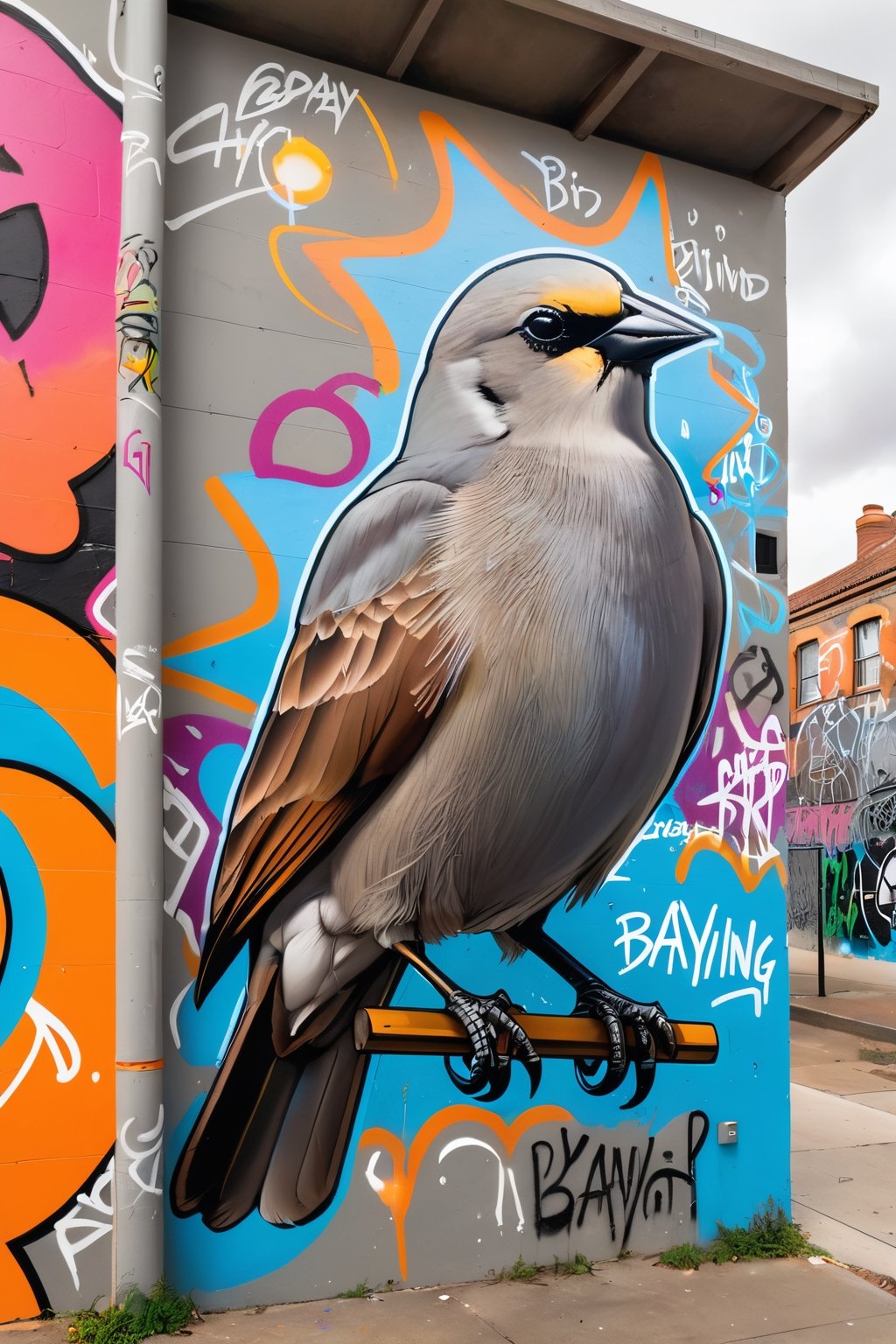 a large graffiti wall, with the artwork of a Grayish Baywing bird with detailed features, other graffiti writings on the same wall, gbaywing