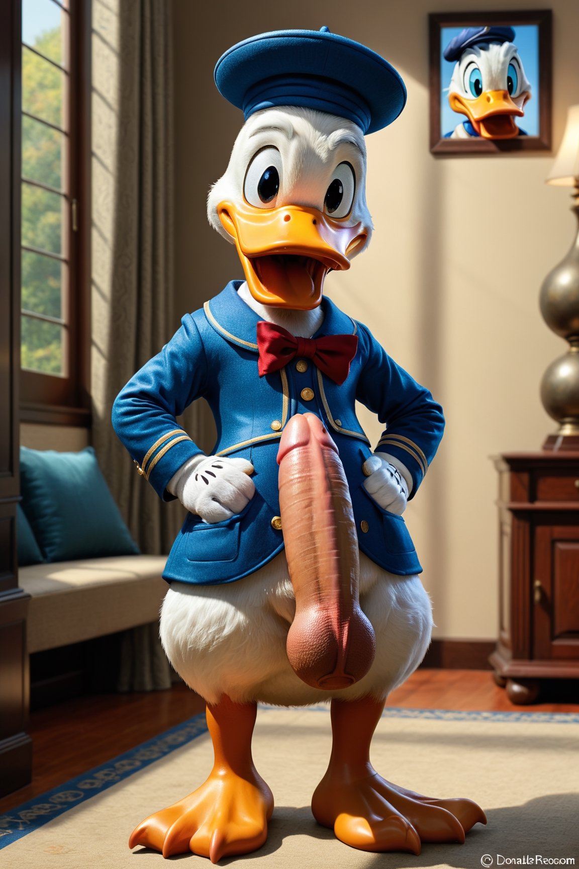 Generate a photorealistic full body portrait of Disney's (Donald Duck:1.4) in his classic clothes but as if he was a real person. (flat duck feet:1.4), (flaunting a huge erect penis:1.5), (big balls:1.3), looking at the viewer, extreme realism, award-winning photo, sharp focus, detailed, intricate,art_booster