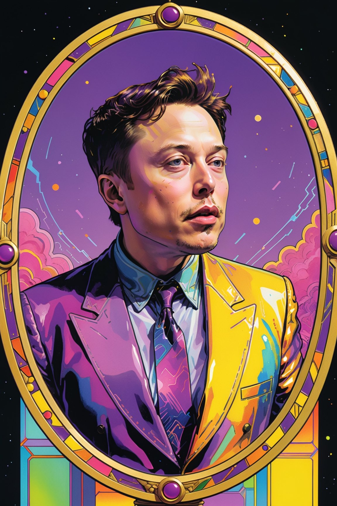 the comic (full-body portrait:1.4) of Elon Musk, (performed by an identical Elon Musk lookalike:1.6),  (kissing his image in a mirror:1.6),  macintosh plus,  (risograph:1.3),  inspired by Jesús Mari Lazkano,  miraculous,  flat linework,  stamp,  purple yellow and black,  ancient era,  japanese vhs cover art,  macpaint,  by Moebius,  phonk album cover,  LSD Dream Emulator ps1,  blank,  bank,  アニメ,  megalithic,  mac,  cover,  inspired by Retro-Futurism aesthetic, art_booster,masterpiece,