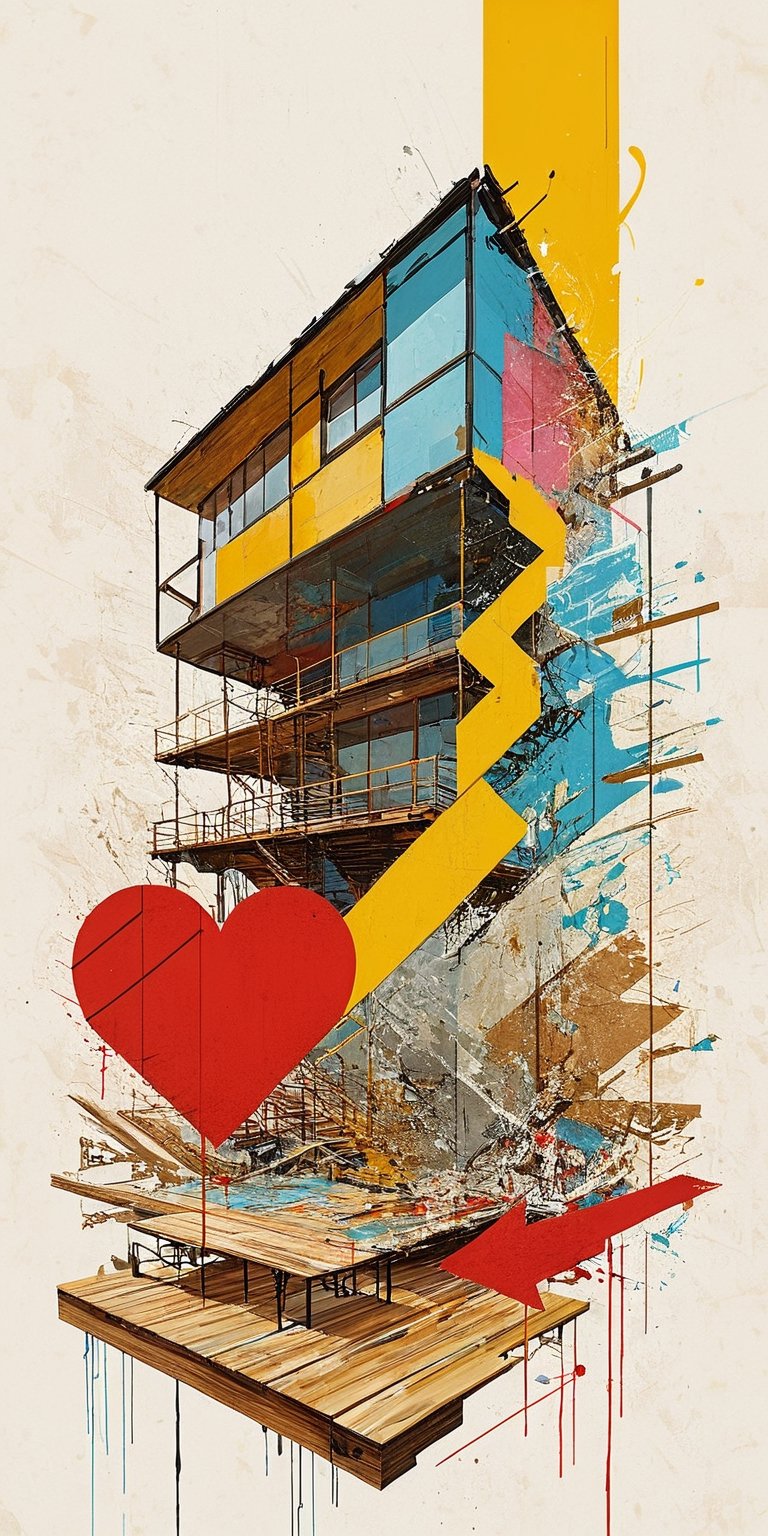 (An amazing and captivating abstract illustration:1.4), modern architecture ((abstract painting:1.3)) in the style of David Schnell, oil on canvas, Leipzig School, colorful geometric landscape, renaissance perspective, ((wireframe deconstructionism:1.4)), (abstract glass house in foreground:1.3) (deconstructivism:1.2), architecture focus, (grunge style:1.2), (frutiger style:1.4), (colorful and minimalistic:1.3), (2004 aesthetics:1.2),(beautiful vector shapes:1.3), with (no text:1.2), text block. BREAK swirls, x \(symbol\), arrow \(symbol\), heart \(symbol\), floorboards, bleachers, architectural elements, industrial complex, straight lines, gradient background, sharp details, oversaturated. BREAK by Barnaby Furnas, Jules de Balincourt, Neo Rauch, highest quality, detailed and intricate, original artwork, trendy, mixed media, vector art, vintage, award-winning, artint, SFW,LW,stacked,night city,graffitiXL