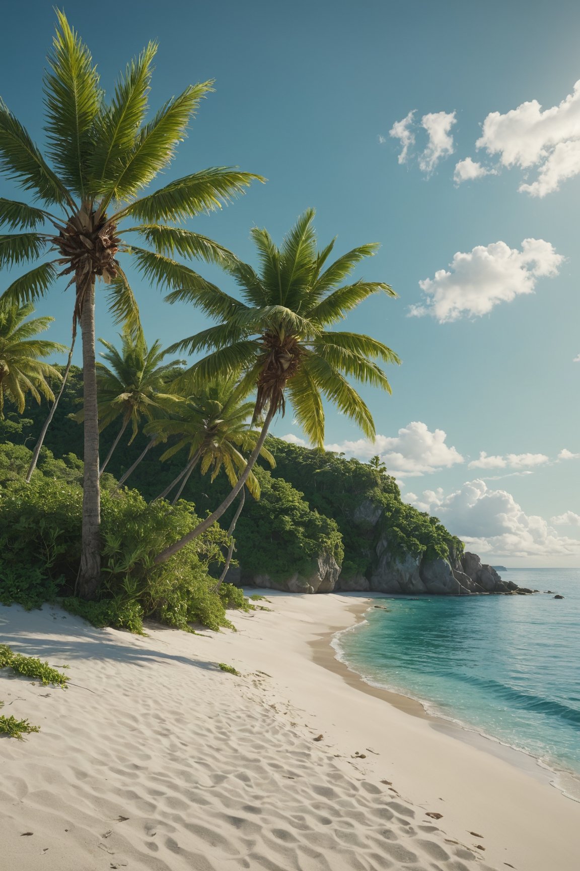 (Documentary Photo:1.6),  BREAK (A color poster of a lush deserted beach with white sand,  tall palm trees with green leafs and wonderful blue sea with fluffy clouds in the sky:1.4),  BREAK intricate, detailed, perfect geometry,  fine details,  realistic shaded,  retro colour palette,  CG Society,  octane render, detailmaster2, island