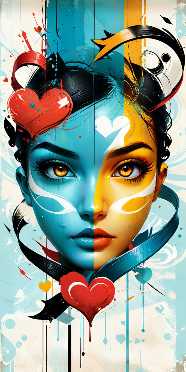 (An amazing and captivating abstract illustration:1.4), (captivating female face:1.3), face focus, beautiful features, (thick eyebrows:1.3), face shot, (grunge style:1.2), (frutiger style:1.4), (colorful and minimalistic:1.3), (2004 aesthetics:1.2),(beautiful vector shapes:1.3), with (the text "20K!":1.3), text block. BREAK swirls, x \(symbol\), arrow \(symbol\), heart \(symbol\), gradient background, sharp details, muted colors. BREAK highest quality, detailed and intricate, original artwork, trendy, mixed media, vector art, vintage, award-winning, artint, SFW,Text