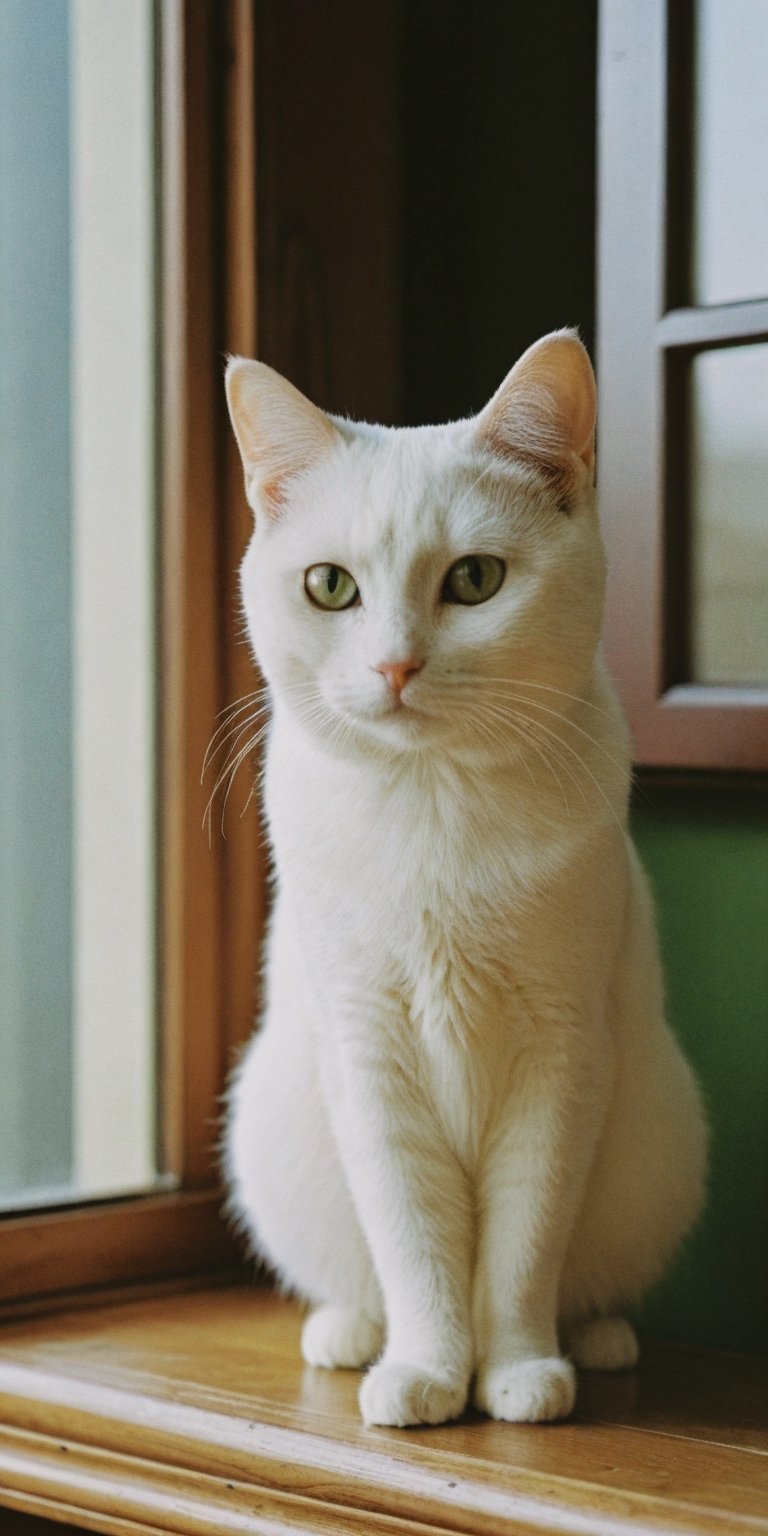 (Documentary photograph:1.3) of a white female cat, standing on a wooden window sill, indoor, ultra realistic, games of shadows, vintage aesthetics, (photorealistic:1.3), front view, well-lit, (shot on Hasselblad 500CM:1.4), (close-up on face:1.4), Fujicolor Pro film, in the style of Helmut Newton, (photorealistic:1.3), highest quality, detailed and intricate, original shot,