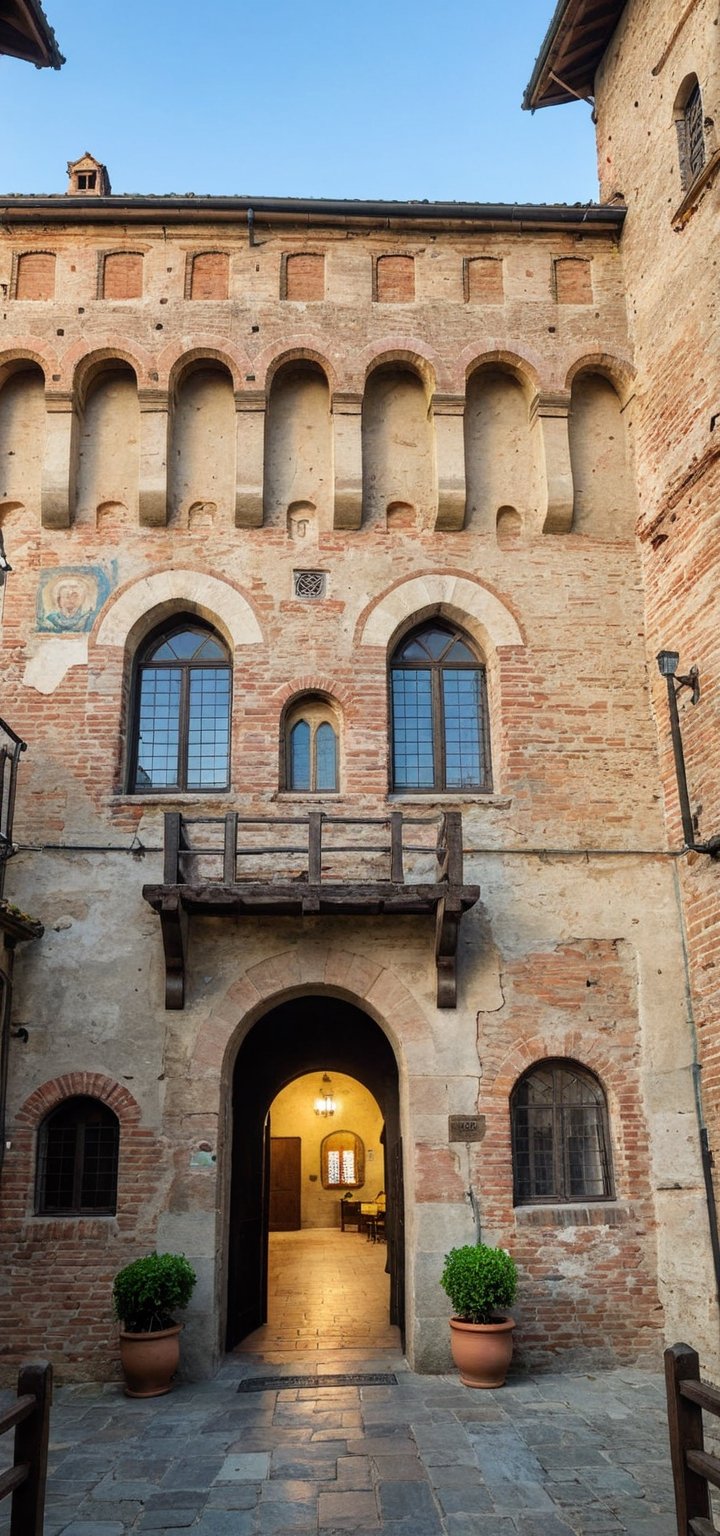 (Documentary photograph:1.3) of a wonderful (medieval castle in Italy:1.4), 14th century, (golden ratio:1.3), (medieval architecture:1.3),(mullioned windows:1.3),(brick wall:1.1), overlooking the town, blue hour, BREAK shot on Canon EOS 5D, (main entrance closeup:1.3), Fujicolor Pro film, vignette, highest quality, original shot. BREAK Front view, well-lit, (perfect focus:1.2), award winning, detailed and intricate, masterpiece, itacstl,real_booster