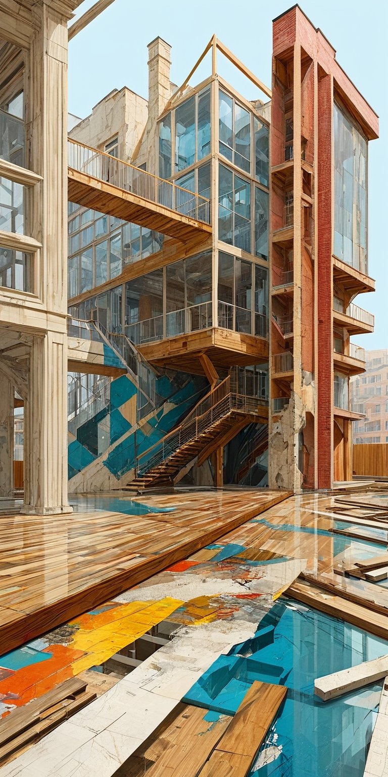 (An amazing and captivating abstract illustration:1.4), modern architecture ((abstract painting:1.3)) in the style of David Schnell, oil on canvas, Leipzig School, colorful geometric landscape, renaissance perspective, ((wireframe deconstructionism:1.4)), (abstract glass house in foreground:1.3) (deconstructivism:1.2), architecture focus, (grunge style:1.2), (frutiger style:1.4), (colorful and minimalistic:1.3), (2004 aesthetics:1.2),(beautiful vector shapes:1.3), with (no text:1.2), text block. BREAK swirls, ++++ \(symbol\), arrow \(symbol\), floorboards, bleachers, architectural elements, industrial complex, straight lines, gradient background, fine details, oversaturated. BREAK by Barnaby Furnas, Jules de Balincourt, Neo Rauch, highest quality, detailed and intricate, original artwork, trendy, mixed media, vector art, vintage, award-winning, artint, SFW,LW,stacked,night city,Architectural100