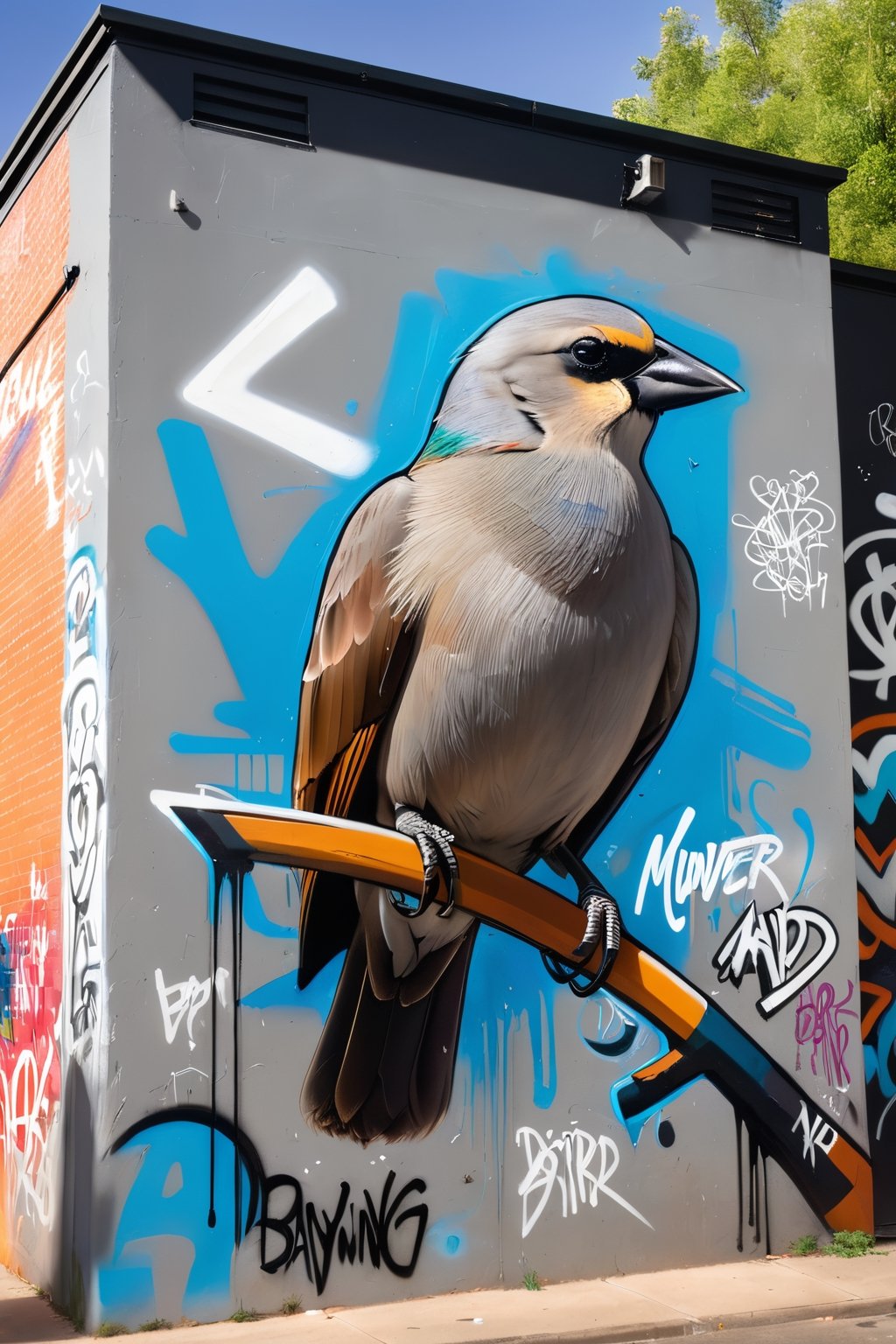 a large graffiti wall, with the artwork of a Grayish Baywing bird with detailed features, other graffiti writings on the same wall, gbaywing