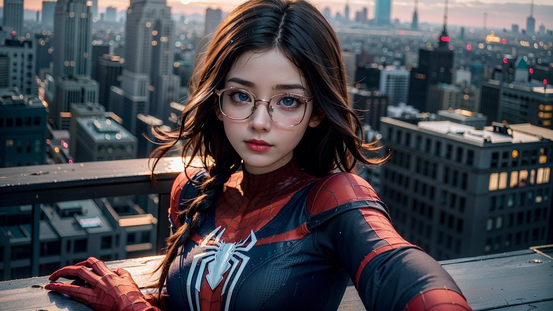 (masterpiece), best quality, high resolution, highly detailed, detailed background, perfect lighting,light blue eyes, medium breasts, The student council girl with glasses and twin braids on a rooftop in new york city,posing,ri.ggwp_1,dream_girl,beauty Asian,wet hair,Makeup,spider-man costume, on the rooftop in new york city at sunset, 35mm full frame, (((selfie)))