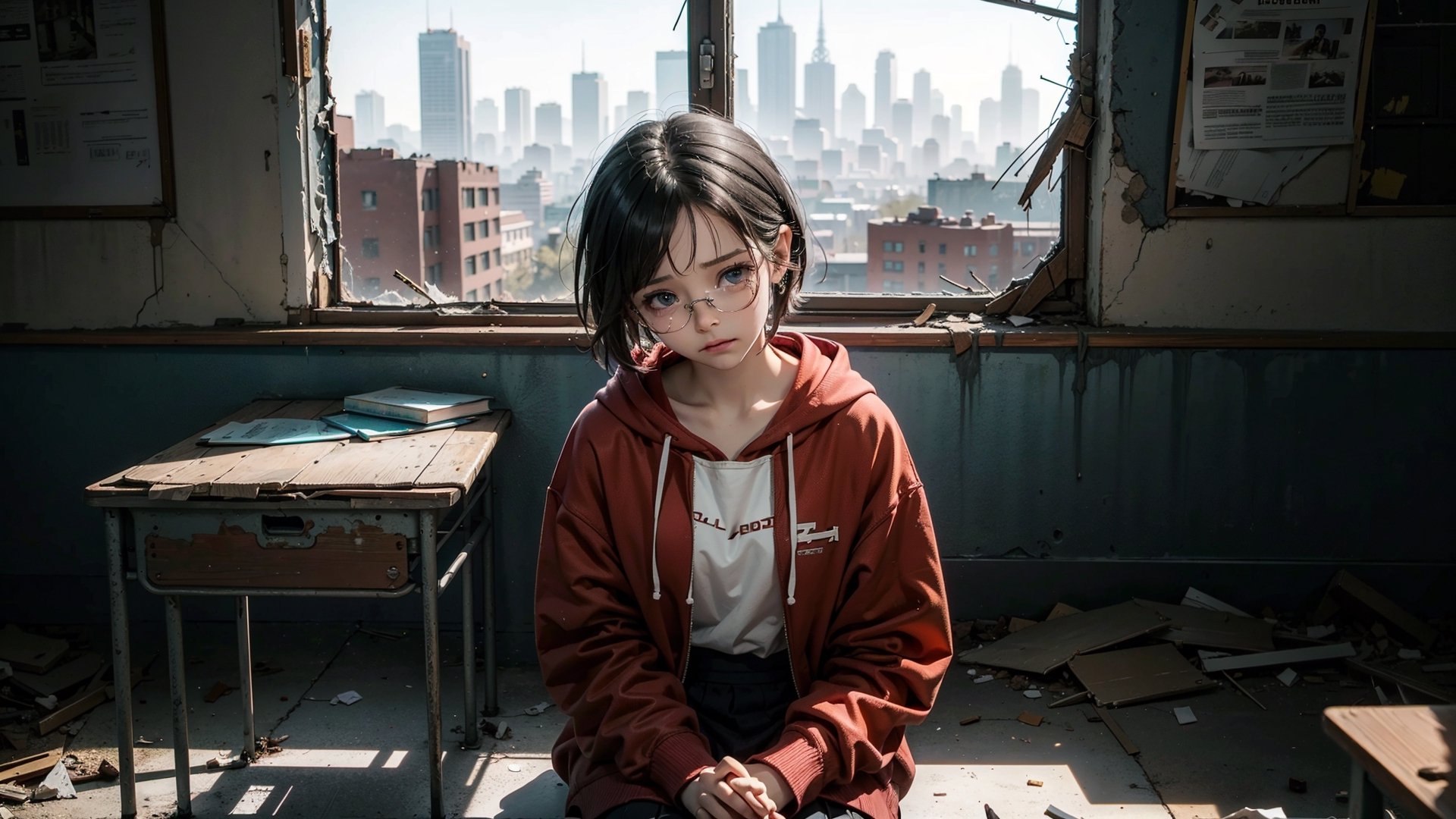 (masterpiece), best quality, high resolution, highly detailed, detailed background, perfect lighting,light blue eyes, medium breasts, cinematic, movie, The student council girl with glasses and short hair in a red hoodie crying (((sitting and crying inside an abandoned old school class table with broken windows looking outside at the distroyed abandoned soviet city))), minimal light, dark moody atmosphere, cinematic,urban, landscape, large view of the city in the background