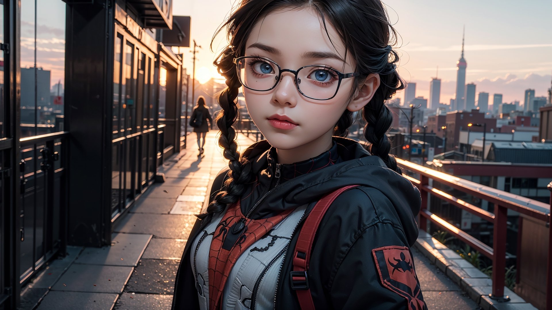 (masterpiece), best quality, high resolution, highly detailed, detailed background, perfect lighting,light blue eyes, medium breasts,cinematic, movie, The student council girl with glasses and twin braids on a city street at sunset with hood on, selfie pose,Makeup,spider-man costume,urban techwear, landscape, wide angle photo