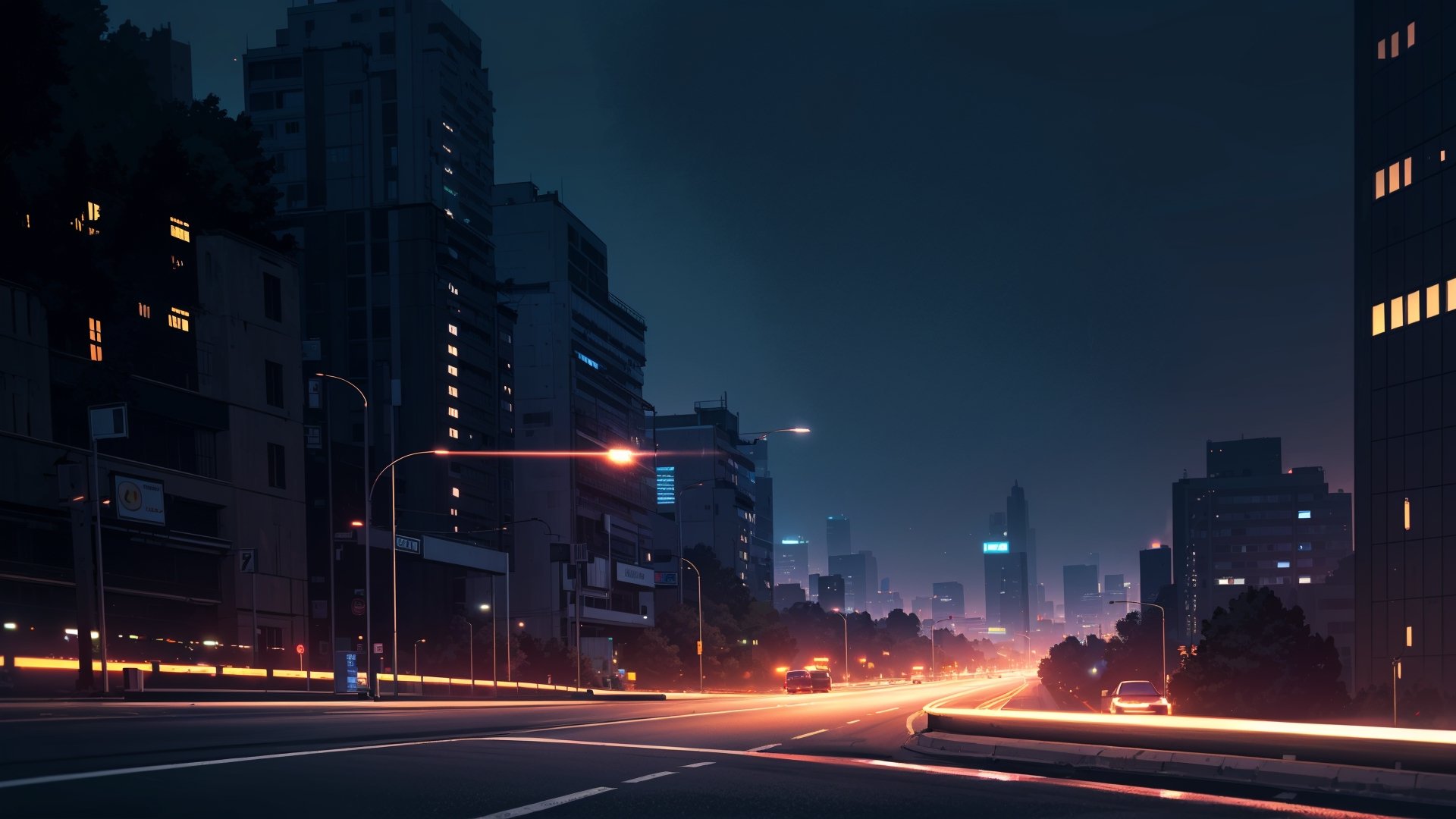 (masterpiece), best quality, high resolution, highly detailed, detailed background, perfect lighting, light blue eyes, medium breasts, cinematic, movie, The student council girl with glasses and brunette short hair in a red hoodie (((on a highway at night with city in the background))), (((minimal light, dark moody atmosphere, cinematic, urban landscape))),holographic interface