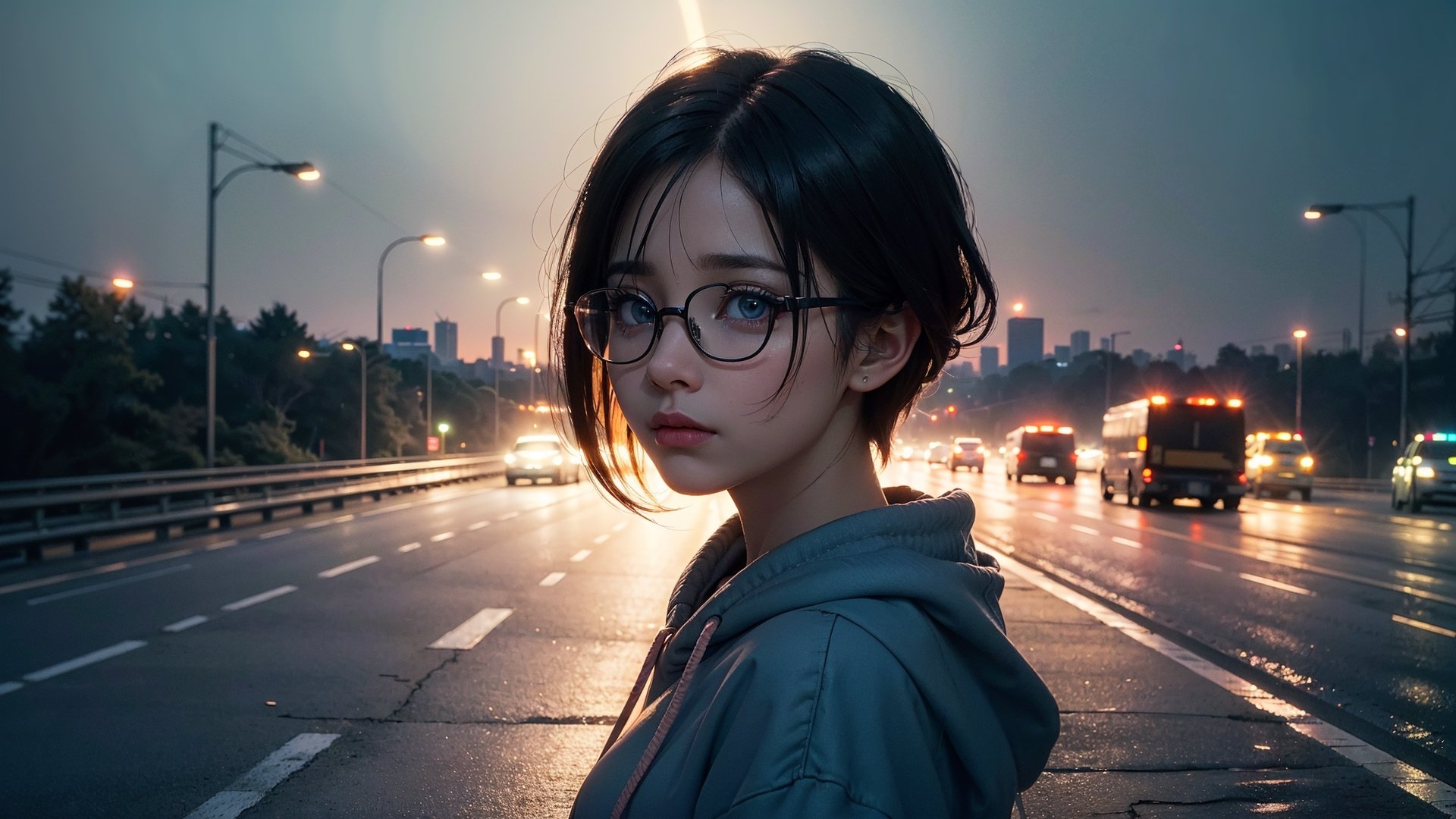 (masterpiece), best quality, high resolution, highly detailed, detailed background, perfect lighting,light blue eyes, medium breasts, cinematic, movie, The student council girl with glasses and short hair in a red hoodie crying (((on a highway at night with city in the background))), (((minimal light, dark moody atmosphere, cinematic,urban landscape))),Makeup