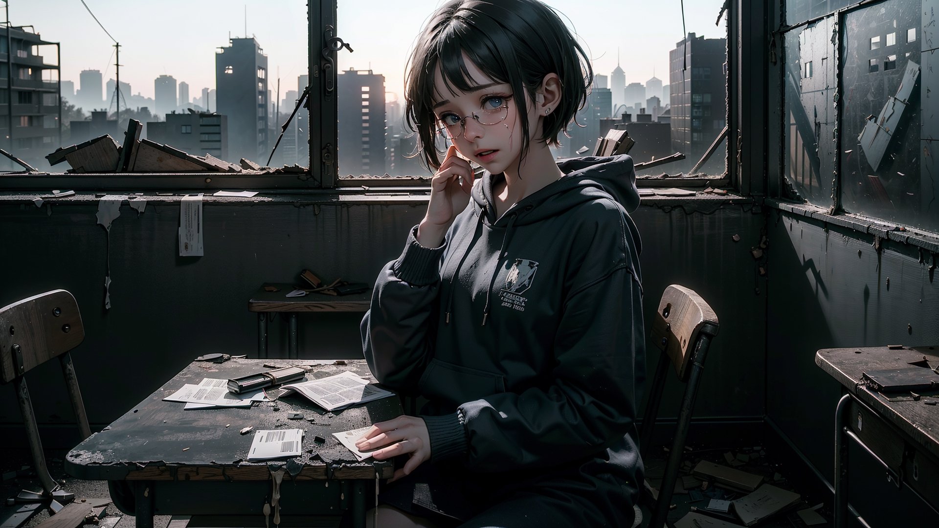 (masterpiece), best quality, high resolution, highly detailed, detailed background, perfect lighting,light blue eyes, medium breasts, cinematic, movie, The student council girl with glasses and short hair in a red hoodie crying (((sitting and crying inside an abandoned old school class table with broken windows))), (((minimal light, dark moody atmosphere, cinematic,urban landscape)))