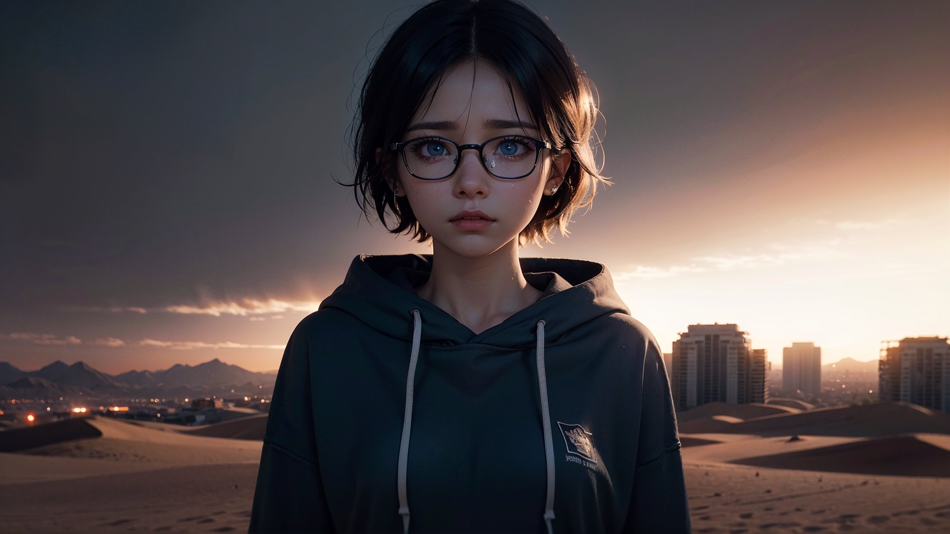 (masterpiece), best quality, high resolution, highly detailed, detailed background, perfect lighting,light blue eyes, medium breasts, cinematic, movie, The student council girl with glasses and short hair in a red hoodie crying (((in desert city))), (((minimal light, dark moody atmosphere, cinematic,urban landscape))),Makeup