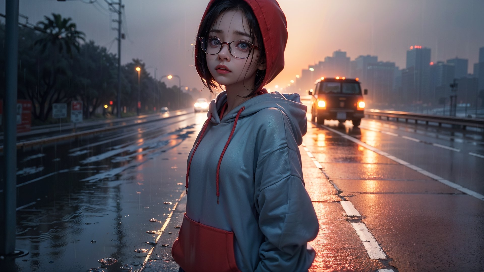 (masterpiece), best quality, high resolution, highly detailed, detailed background, perfect lighting,light blue eyes, medium breasts, cinematic, movie, The student council girl with glasses and short hair (((in a red hoodie))) crying (((on a highway in los angeles at night in the rain))), (((minimal light, dark moody atmosphere, cinematic,urban landscape))),Makeup