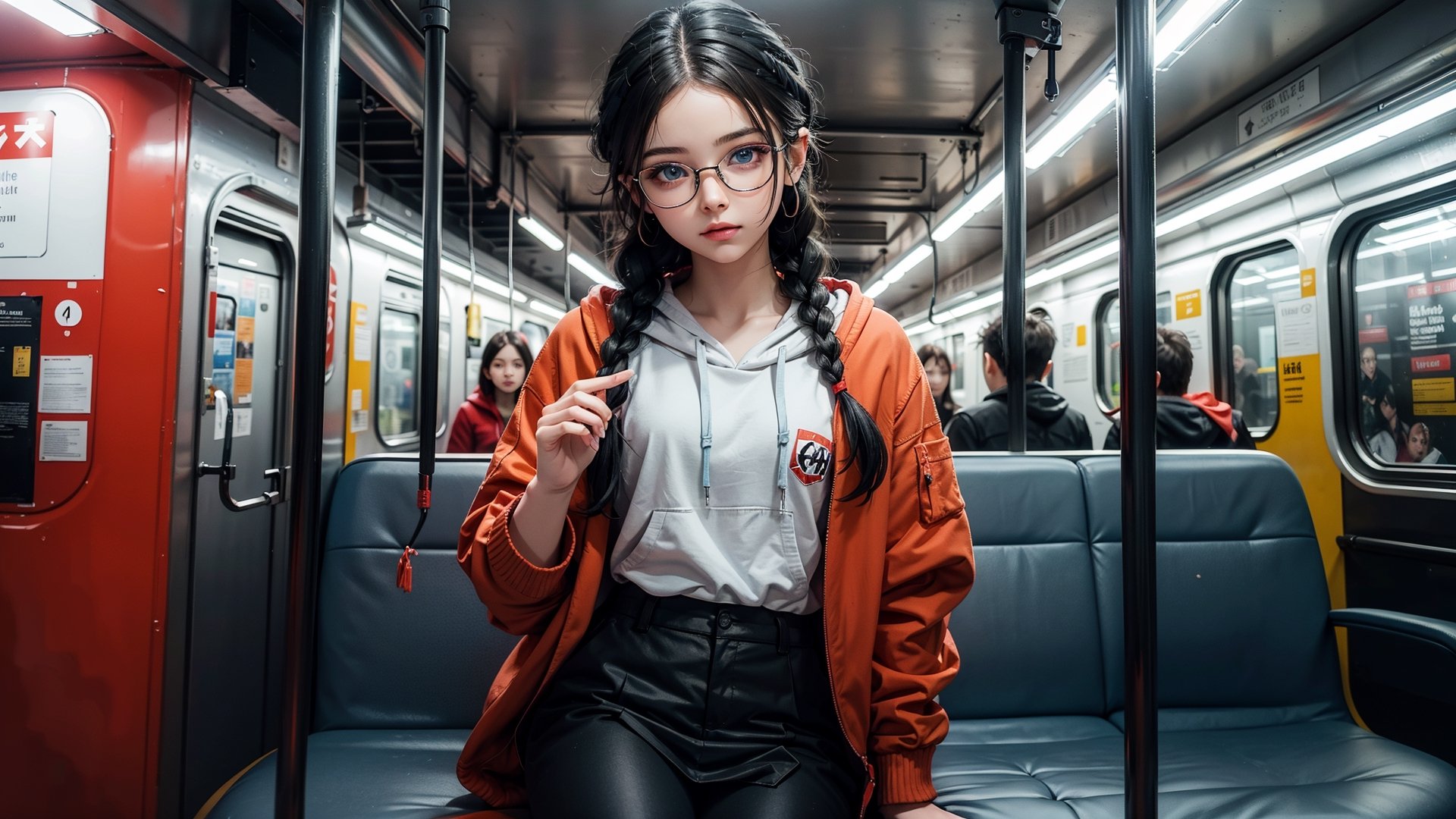 (masterpiece), best quality, high resolution, highly detailed, detailed background, perfect lighting,light blue eyes, medium breasts,cinematic, movie, The student council girl with glasses and twin braids sitting inside a new york city subway posing,red hoodie on,Makeup,spider-man costume,urban techwear, landscape, ultra wide angle photo