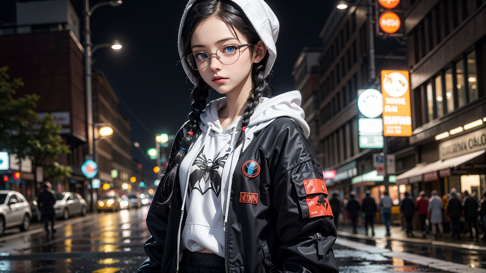 (masterpiece), best quality, high resolution, highly detailed, detailed background, perfect lighting,light blue eyes, medium breasts,cinematic, movie, The student council girl with glasses and twin braids on a rainy busy city street with hoodie on ,Makeup,spider-man costume,urban techwear, landscape, wide angle photo