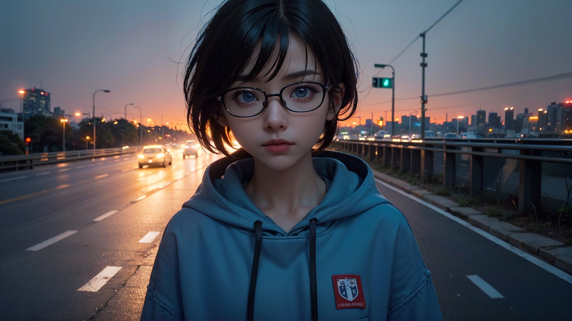 (masterpiece), best quality, high resolution, highly detailed, detailed background, perfect lighting,light blue eyes, medium breasts, cinematic, movie, The student council girl with glasses and short hair in a red hoodie (((on a highway at night with city in the background))), (((minimal light, dark moody atmosphere, cinematic,urban landscape))),Makeup,Enhance