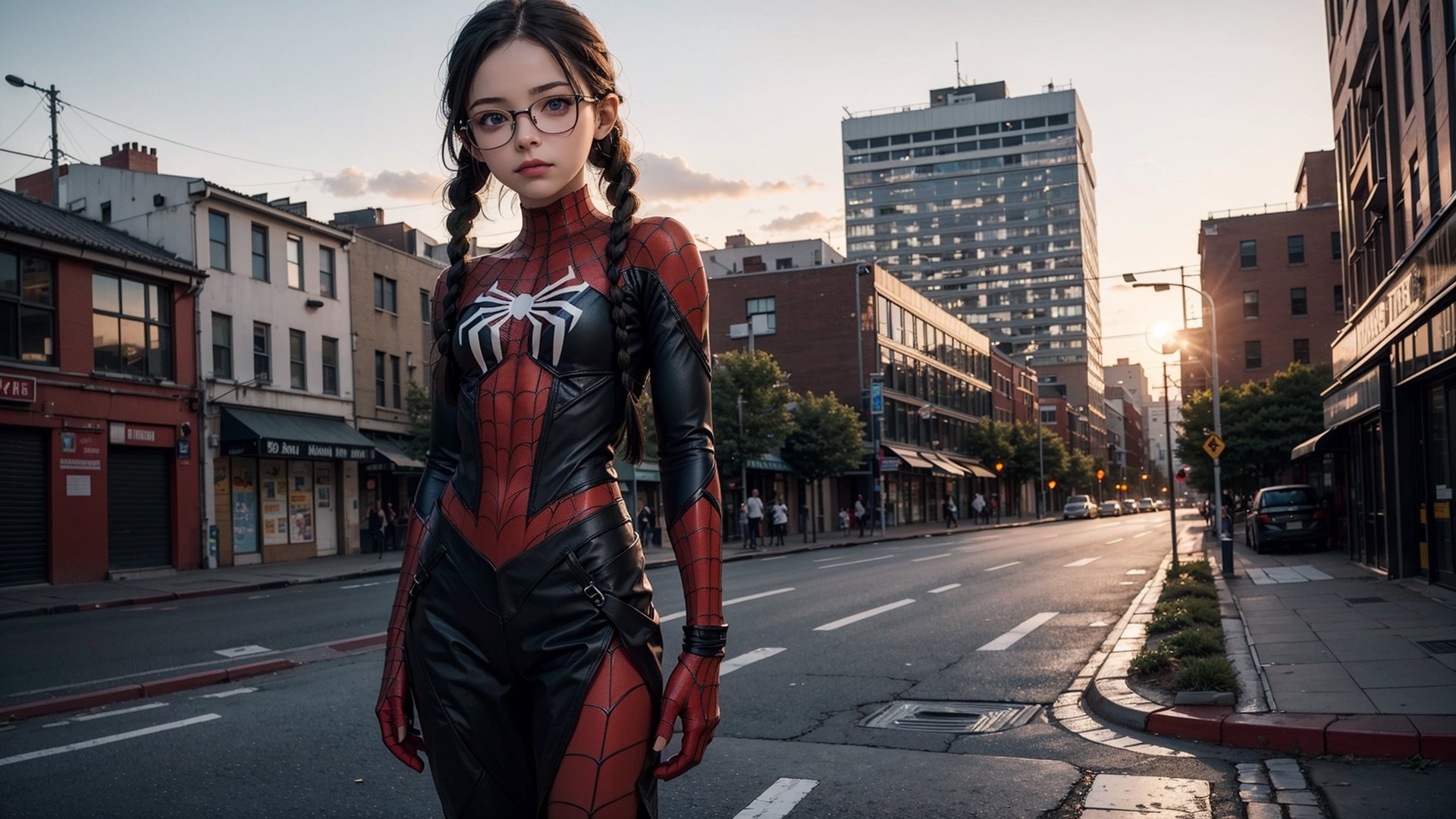 (masterpiece), best quality, high resolution, highly detailed, detailed background, perfect lighting,light blue eyes, medium breasts,cinematic, movie, The student council girl with glasses and twin braids on a city street at sunset ,Makeup,spider-man costume,urban techwear, landscape, wide angle photo