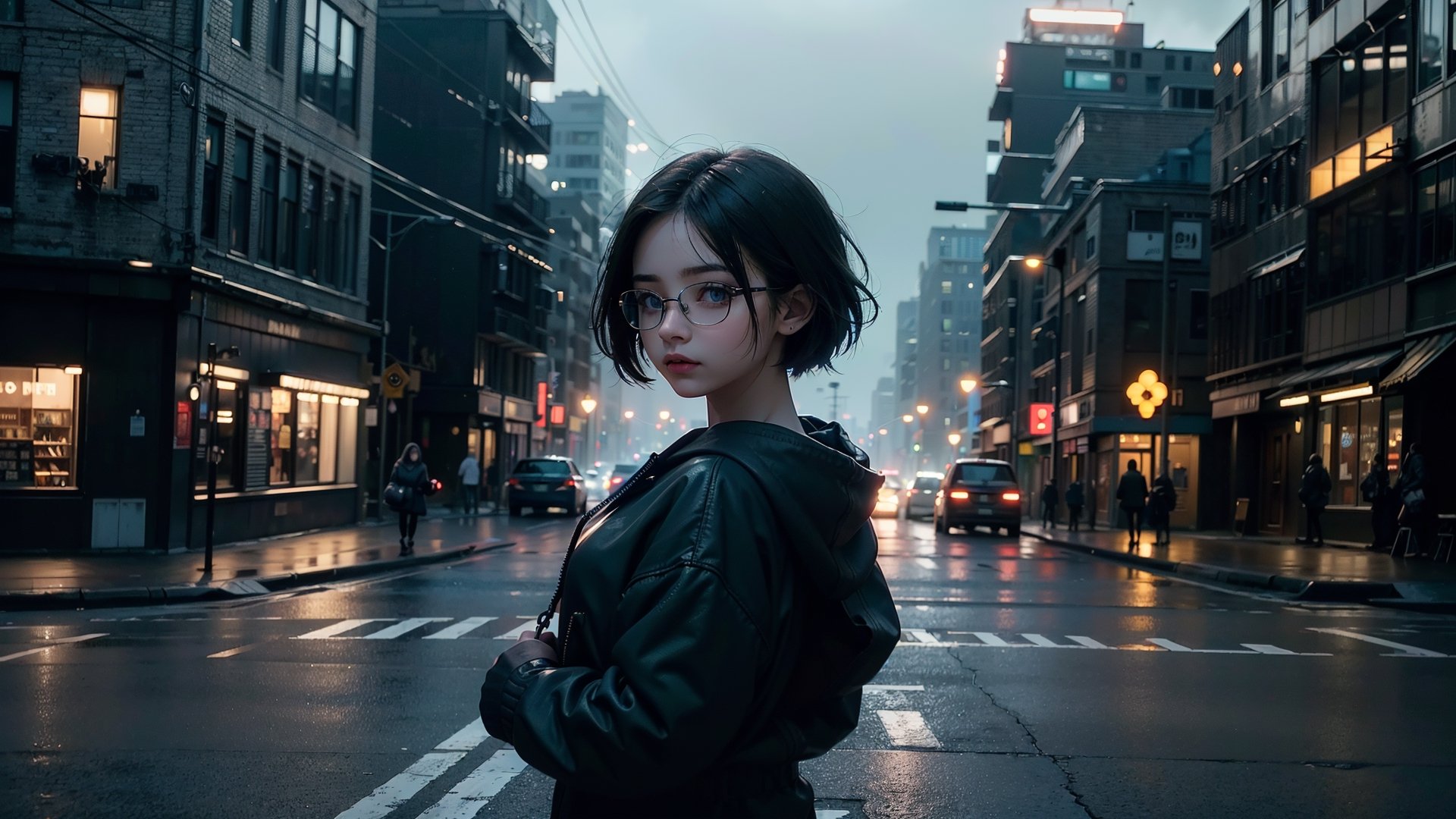 (masterpiece), best quality, high resolution, highly detailed, detailed background, perfect lighting,light blue eyes, medium breasts, cinematic, movie, The student council girl with glasses and short hair in a red hoodie looking over the shoulder (((on a street at night with city in the background))), (((minimal light, dark moody atmosphere, cinematic,urban landscape))),Makeup,Enhance