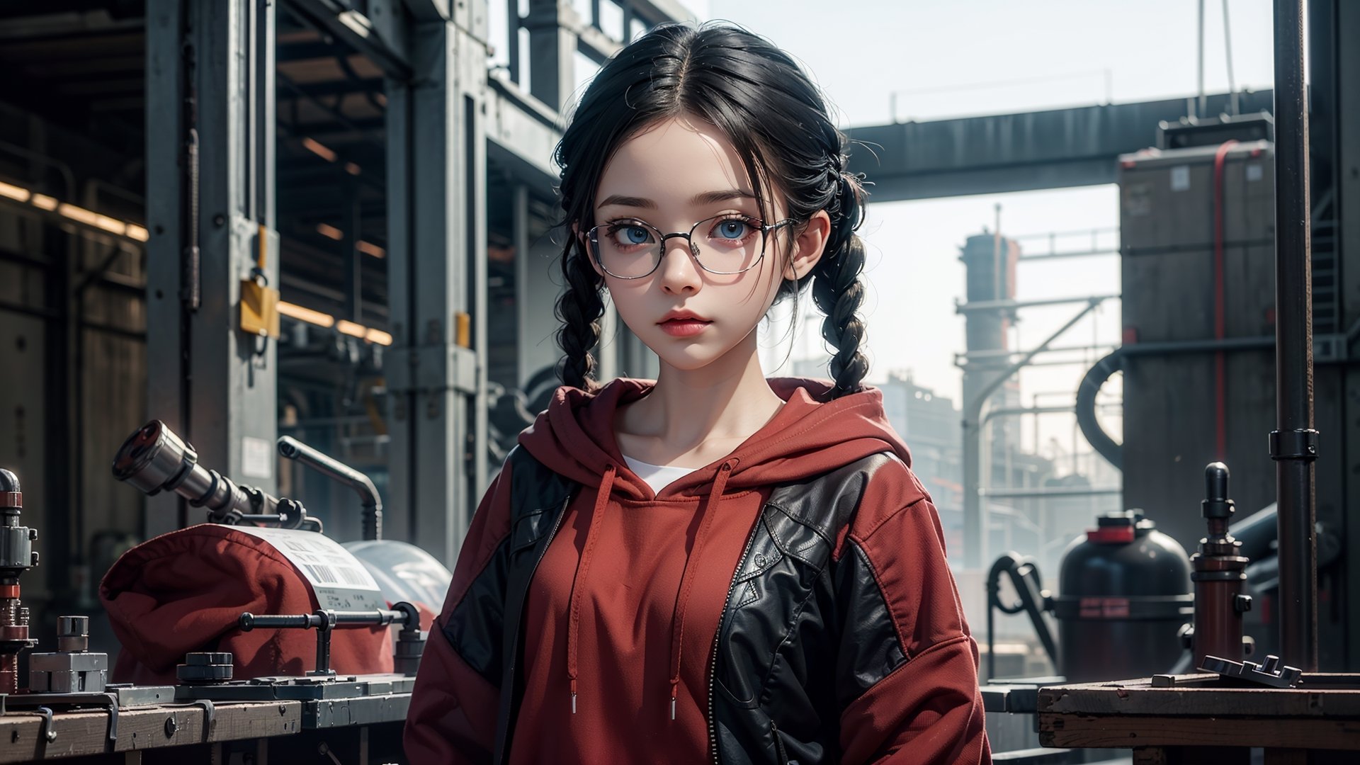 (masterpiece), best quality, high resolution, highly detailed, detailed background, perfect lighting,light blue eyes, medium breasts,cinematic, movie, The student council girl with glasses and twin braids inside (((big old factory))) with red hoodie on,Makeup,spider-man costume,urban techwear, landscape, wide angle photo