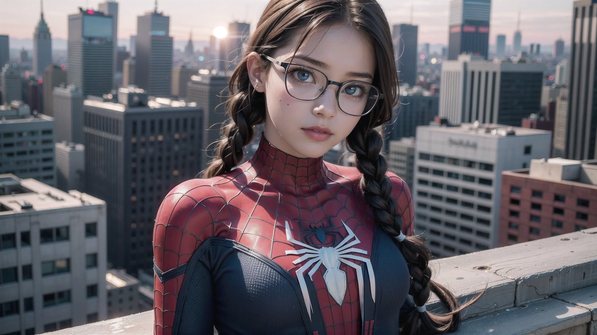 (masterpiece), best quality, high resolution, highly detailed, detailed background, perfect lighting, The student council girl with twin braids and glasses,photo of perfect eyes, on a rooftop in new york at sunset, upper body,spider-man costume