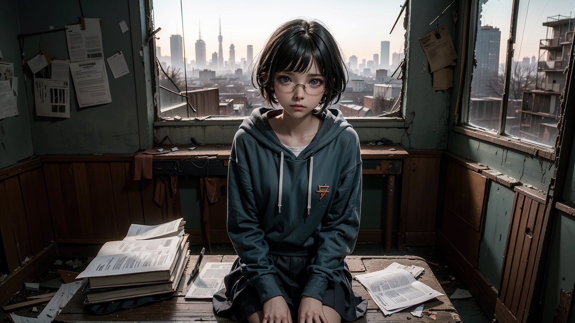 (masterpiece), best quality, high resolution, highly detailed, detailed background, perfect lighting,light blue eyes, medium breasts, cinematic, movie, The student council girl with glasses and short hair in a red hoodie crying (((sitting inside an abandoned old school class table with broken windows looking outside at the distroyed abandoned soviet city at night))), minimal light, dark moody atmosphere, cinematic,urban, landscape, large view of the city in the background,