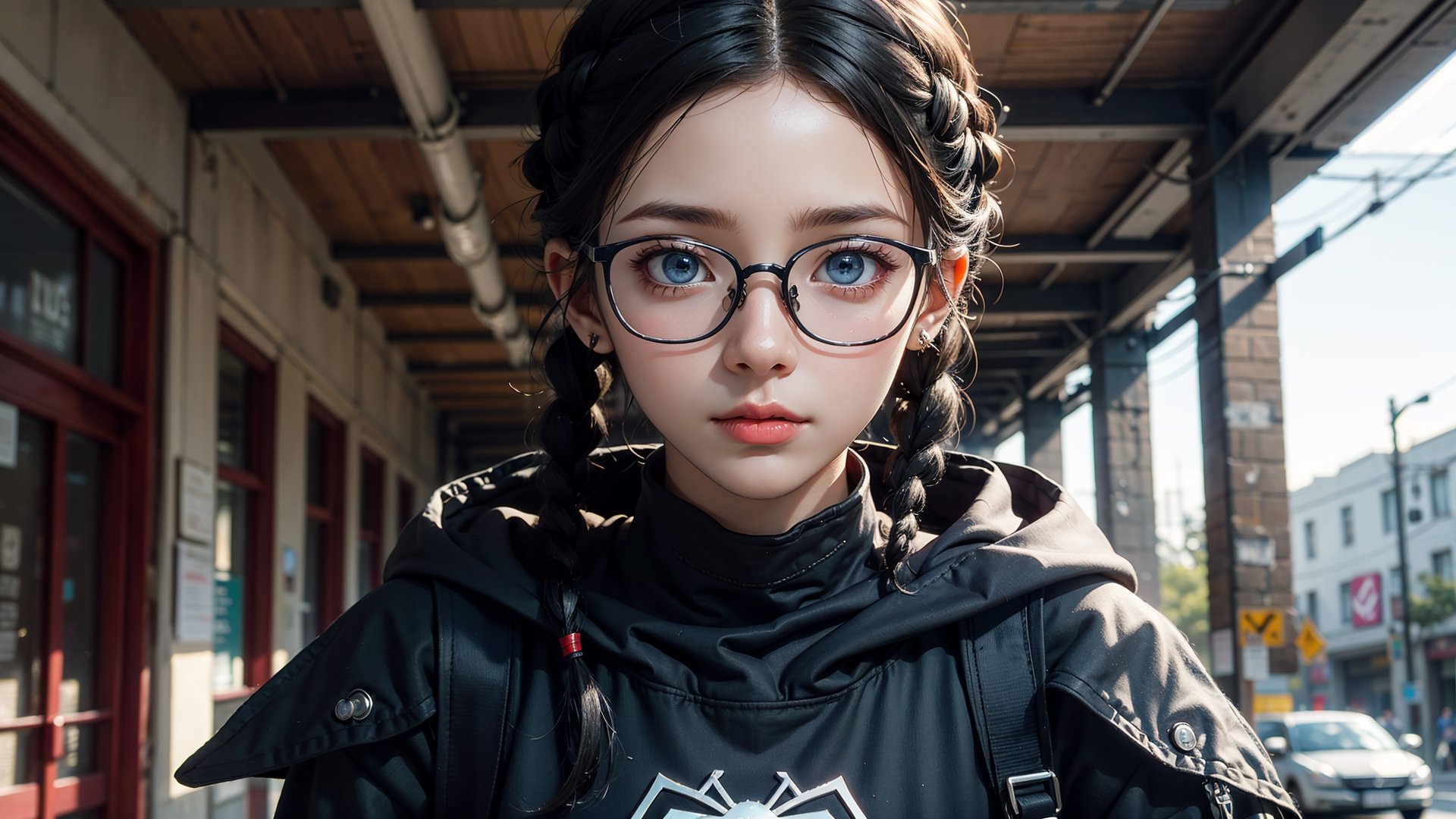 (masterpiece), best quality, high resolution, highly detailed, detailed background, perfect lighting,light blue eyes, medium breasts,cinematic, movie, The student council girl with glasses and twin braids on Pripyat street ,Makeup,spider-man costume,urban techwear