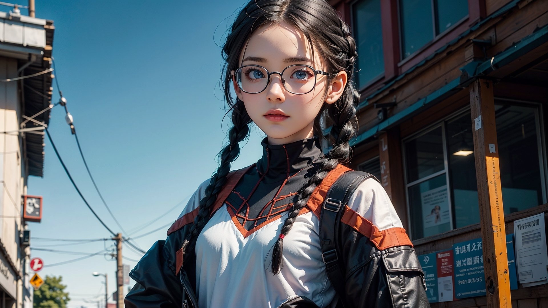 (masterpiece), best quality, high resolution, highly detailed, detailed background, perfect lighting,light blue eyes, medium breasts,cinematic, movie, The student council girl with glasses and twin braids on Pripyat street ,Makeup,spider-man costume,urban techwear, landscape, wide angle photo