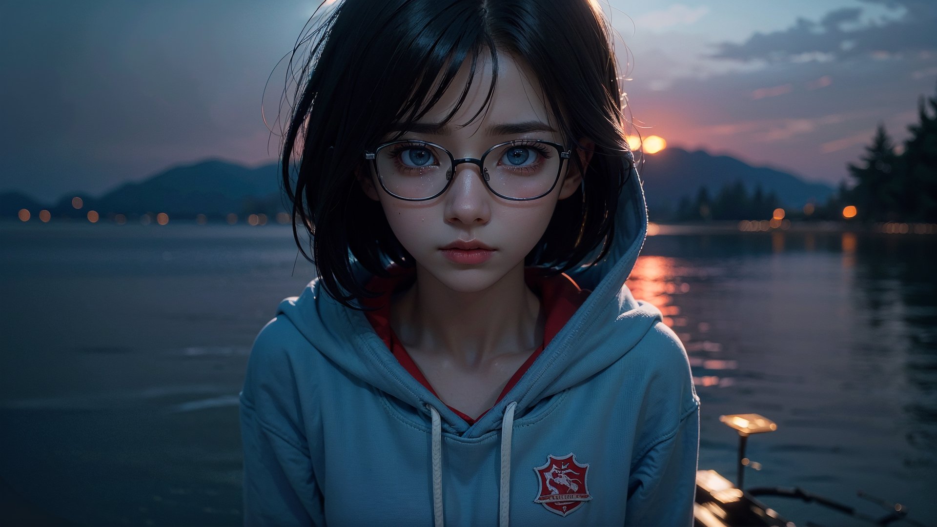 (masterpiece), best quality, high resolution, highly detailed, detailed background, perfect lighting,light blue eyes, medium breasts, cinematic, movie, The student council girl with glasses and short hair in a red hoodie crying (((on a lake))), (((minimal light, dark moody atmosphere, cinematic,urban landscape))),Makeup