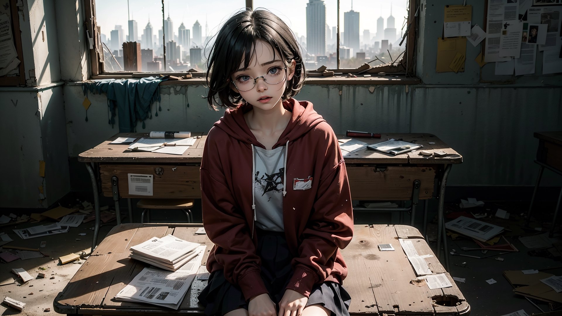 (masterpiece), best quality, high resolution, highly detailed, detailed background, perfect lighting,light blue eyes, medium breasts, cinematic, movie, The student council girl with glasses and short hair in a red hoodie crying (((sitting inside an abandoned old school class table with broken windows looking outside at the distroyed abandoned city))), minimal light, dark moody atmosphere, cinematic,urban, landscape, large view of the city in the background,