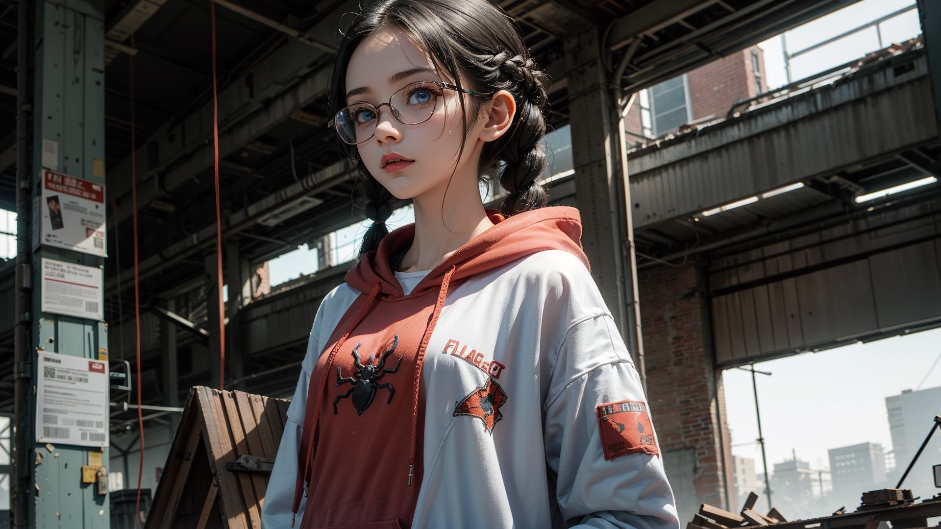 (masterpiece), best quality, high resolution, highly detailed, detailed background, perfect lighting,light blue eyes, medium breasts,cinematic, movie, The student council girl with glasses and twin braids inside (((abandoned big old factory))) with red hoodie on,Makeup,spider-man costume,urban techwear, landscape, wide angle photo