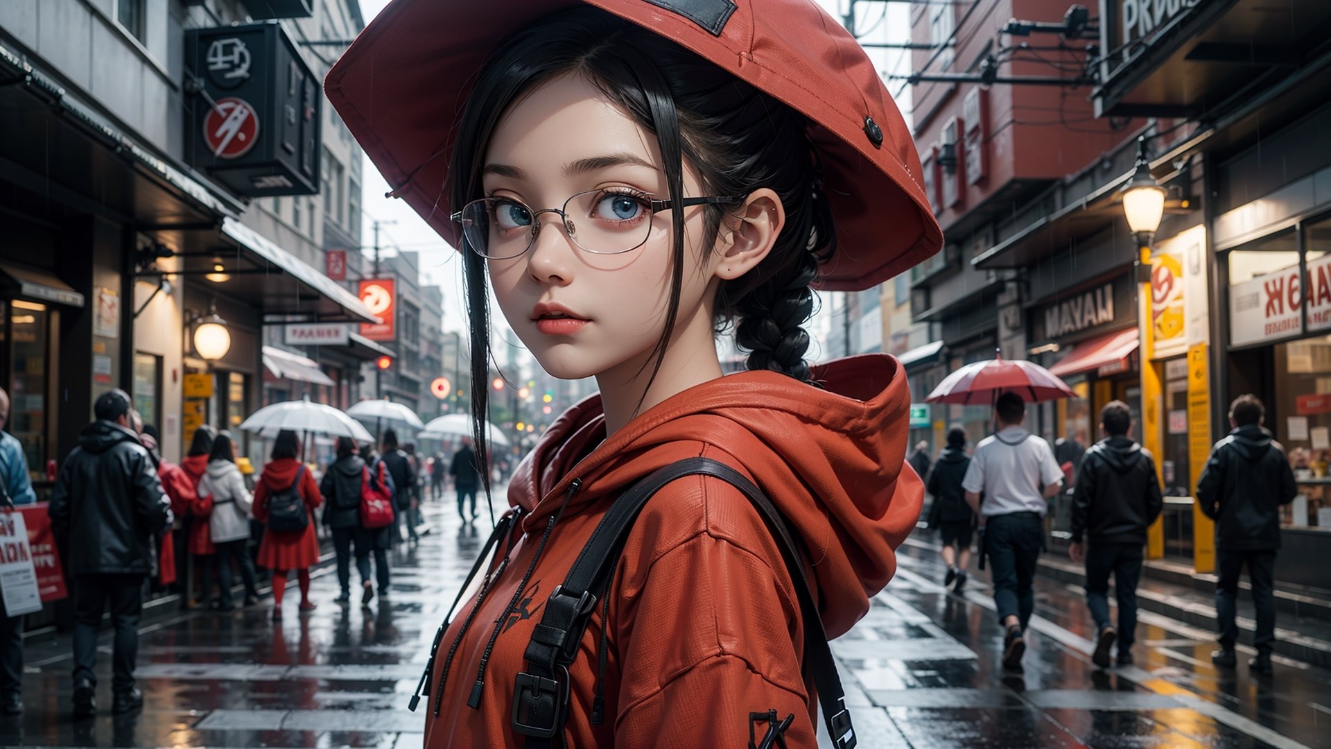 (masterpiece), best quality, high resolution, highly detailed, detailed background, perfect lighting,light blue eyes, medium breasts,cinematic, movie, The student council girl with glasses and twin braids on a rainy busy city street with red hoodie on , portrait,Makeup,spider-man costume,urban techwear, landscape, wide angle photo, reflections