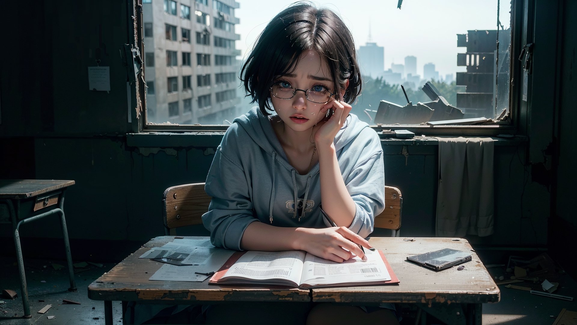 (masterpiece), best quality, high resolution, highly detailed, detailed background, perfect lighting,light blue eyes, medium breasts, cinematic, movie, The student council girl with glasses and short hair in a red hoodie crying (((sitting and crying inside an abandoned old school class table with broken windows))), (((minimal light, dark moody atmosphere, cinematic,urban landscape))),Makeup