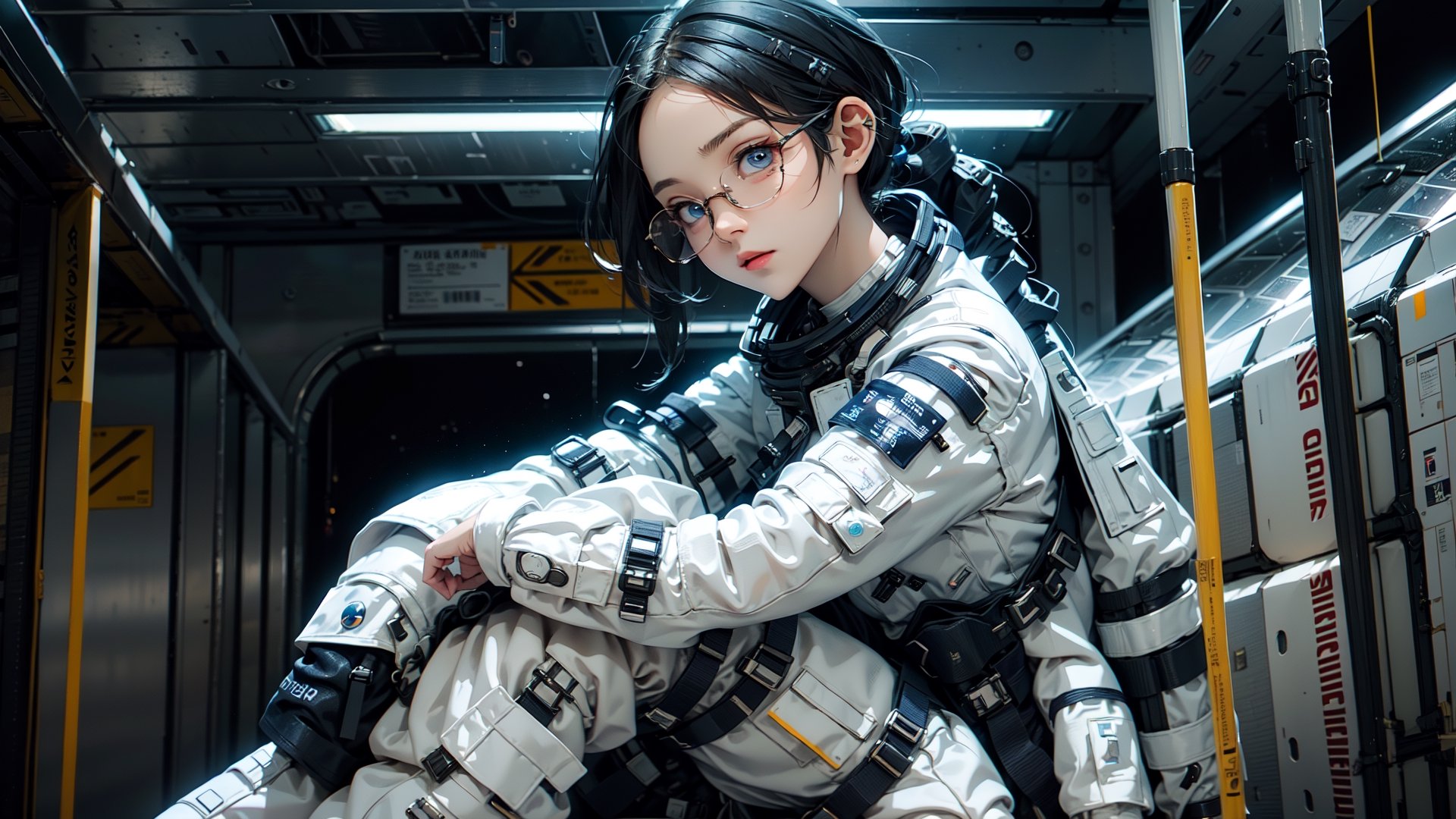 (masterpiece), best quality, high resolution, highly detailed, detailed background, perfect lighting,light blue eyes, medium breasts,cinematic, movie, The student council girl with glasses and twin braids sitting inside a new york city subway posing,Makeup,urban techwear, (((space suit)))