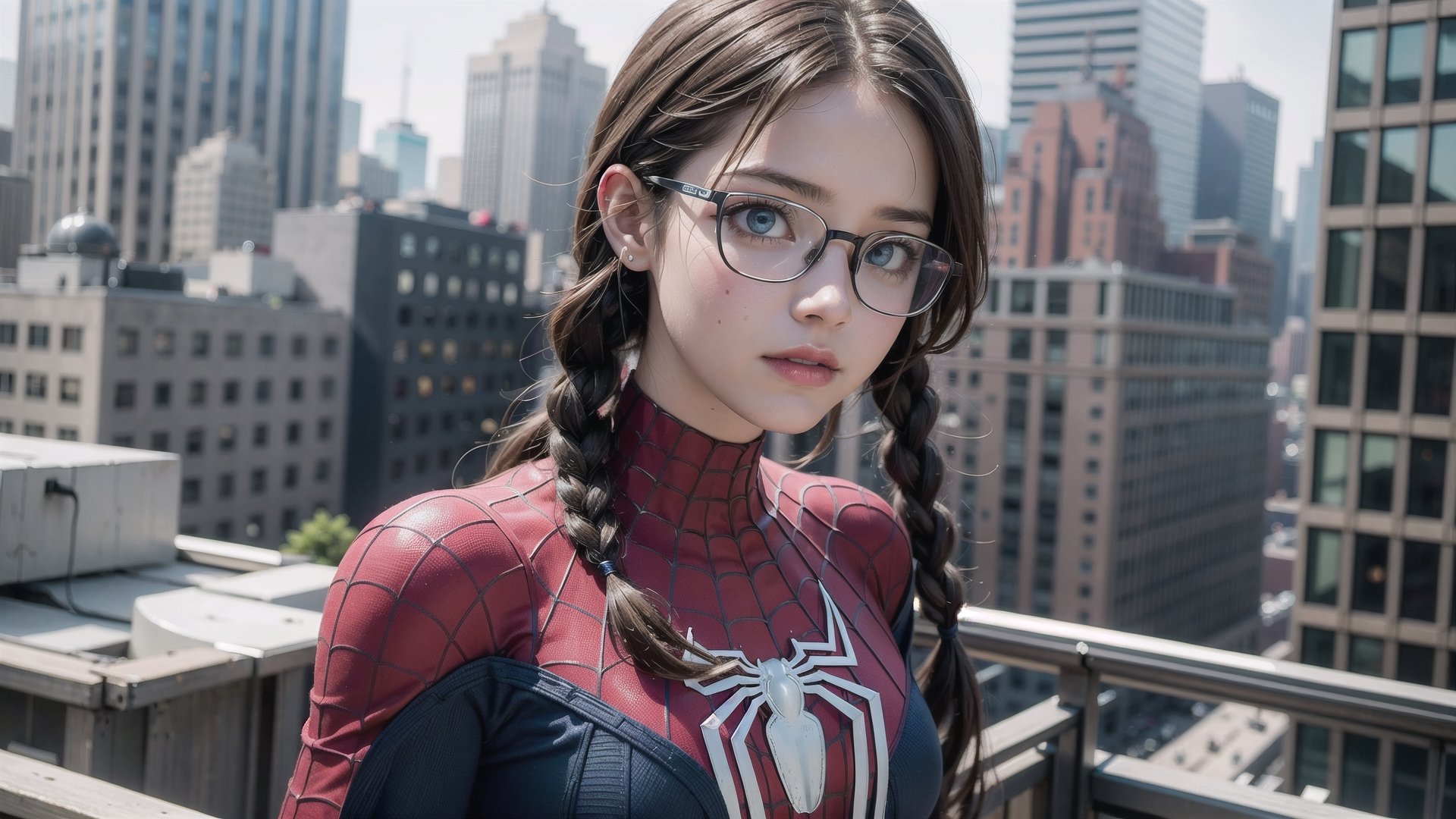 (masterpiece), best quality, high resolution, highly detailed, detailed background, perfect lighting, The student council girl with twin braids and glasses, photo of perfect eyes ,spider-man costume, on a rooftop in new york city, 