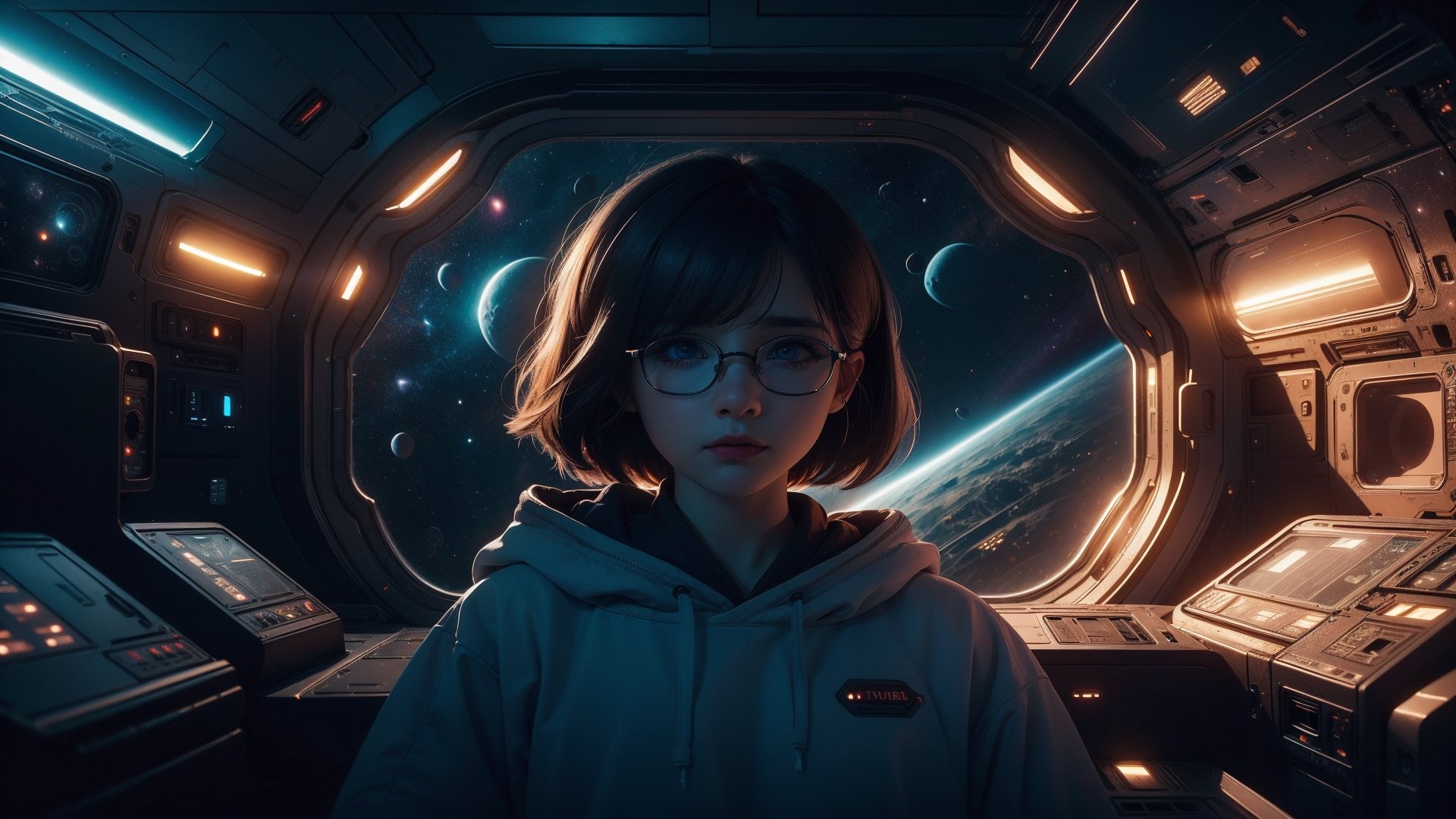 (masterpiece), best quality, high resolution, highly detailed, detailed background, perfect lighting,light blue eyes, medium breasts, cinematic, movie, The student council girl with glasses and short hair wearing a red hoodie crying ((in space))), (((minimal light, dark moody atmosphere, cinematic,urban landscape))),Makeup,Futuristic room