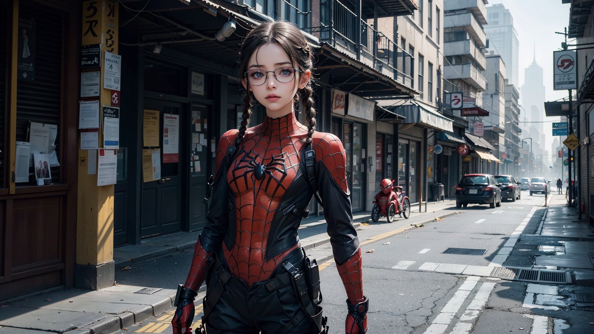 (masterpiece), best quality, high resolution, highly detailed, detailed background, perfect lighting,light blue eyes, medium breasts,cinematic, movie, The student council girl with glasses and twin braids on a post-apocalyptic street ,Makeup,spider-man costume,urban techwear, landscape, wide angle photo