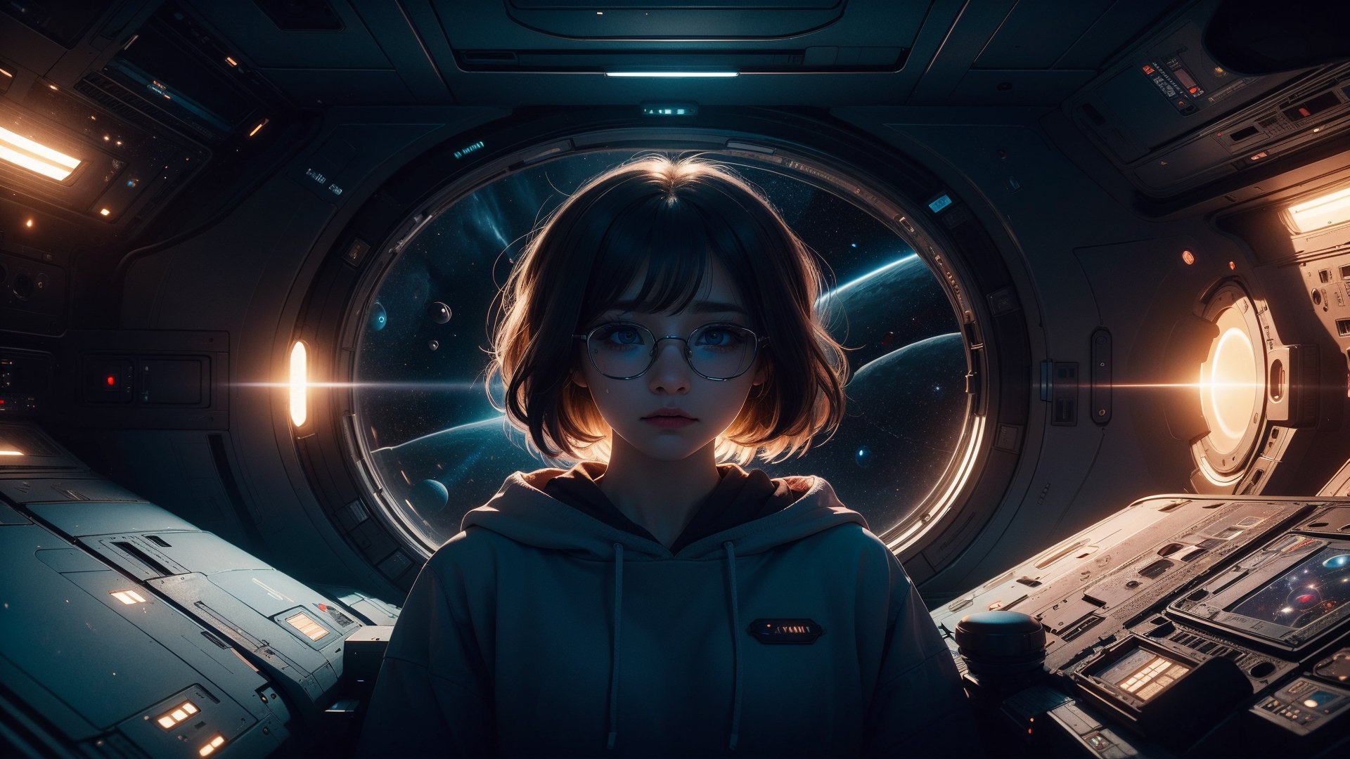 (masterpiece), best quality, high resolution, highly detailed, detailed background, perfect lighting,light blue eyes, medium breasts, cinematic, movie, wide-angle lens, The student council girl with glasses and short hair wearing a red hoodie crying ((in space))), (((minimal light, dark moody atmosphere, cinematic,urban landscape))),Makeup,Futuristic room