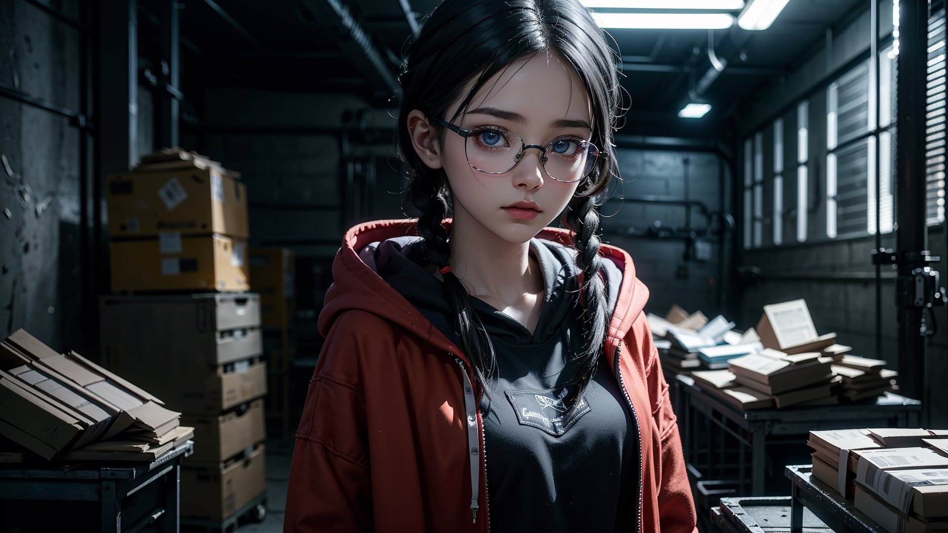 (masterpiece), best quality, high resolution, highly detailed, detailed background, perfect lighting,light blue eyes, medium breasts,cinematic, movie, The student council girl with glasses and twin braids inside (((a dark big old factory at night))) with red hoodie on,Makeup,spider-man costume,urban techwear, landscape, wide angle photo, moody light, 