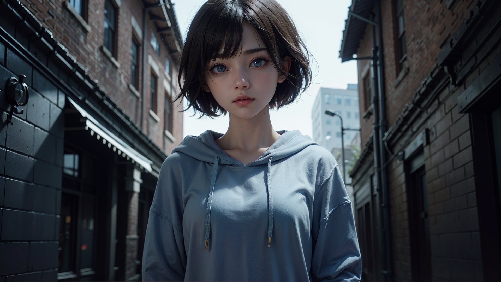 (masterpiece), best quality, high resolution, highly detailed, detailed background, perfect lighting,light blue eyes, medium breasts,cinematic, movie, The student council girl with short hair and in a RED hoodie standing outside in the middle of a old building, minimal light, dark atmosphere, cinematic, Makeup,urban techwear, ((half body)) (((wide angle shot)))