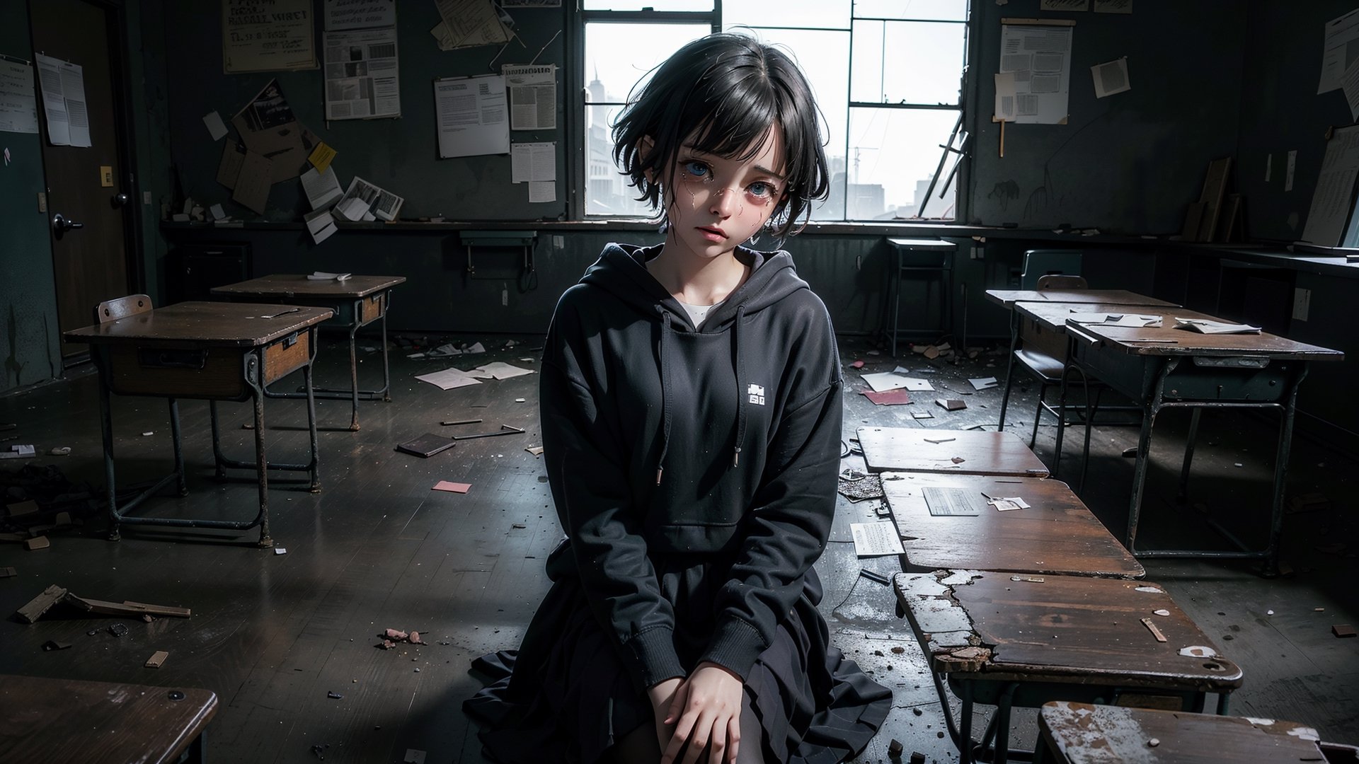 (masterpiece), best quality, high resolution, highly detailed, detailed background, perfect lighting,light blue eyes, medium breasts, cinematic, movie, The student council girl with glasses and short hair in a red hoodie crying (((sitting and crying inside an abandoned old school class table with broken windows))), (((minimal light, dark moody atmosphere, cinematic,urban landscape)))