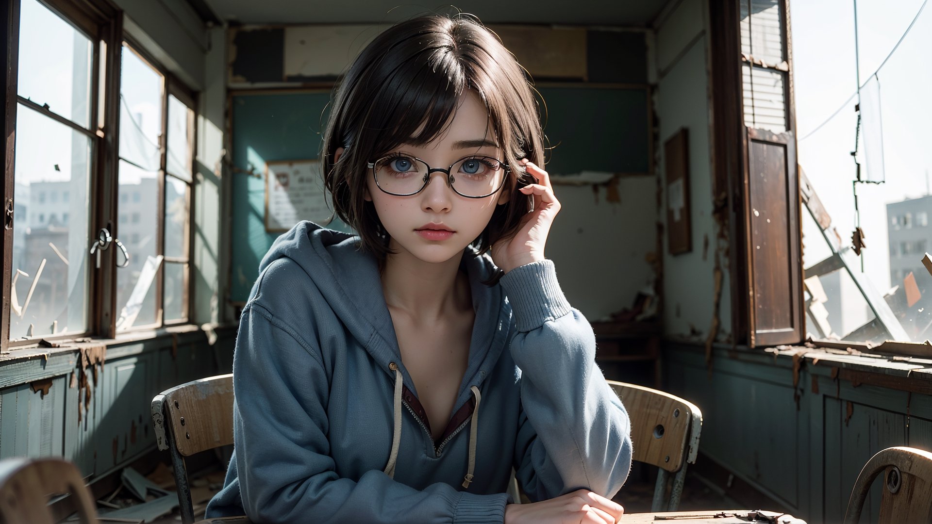 (masterpiece), best quality, high resolution, highly detailed, detailed background, perfect lighting, light blue eyes, medium breasts, cinematic, movie, The student council girl with glasses and short hair in a red hoodie (((inside an abandoned old school class table with broken windows ))), minimal light, dark moody atmosphere, cinematic, urban, landscape