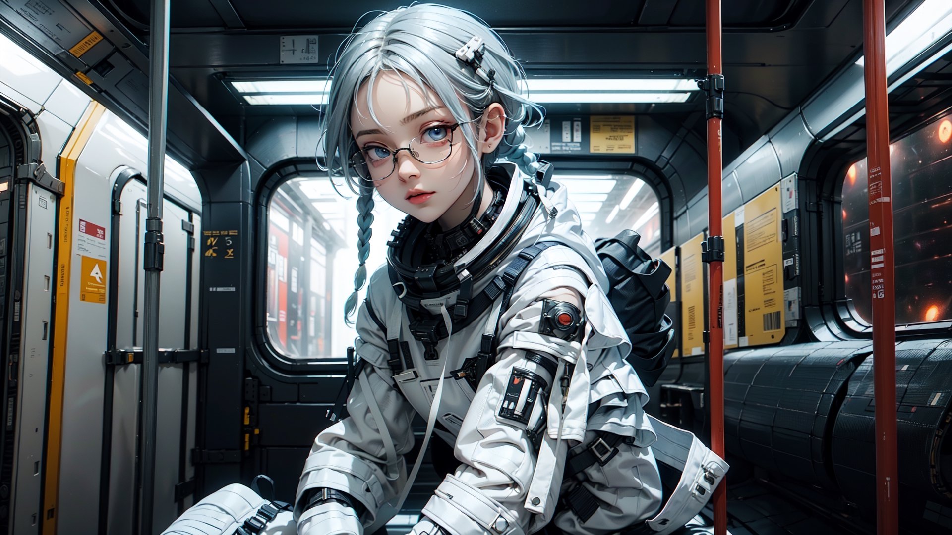 (masterpiece), best quality, high resolution, highly detailed, detailed background, perfect lighting,light blue eyes, medium breasts,cinematic, movie, The student council girl with glasses and twin braids sitting inside a new york city subway posing,Makeup,urban techwear, (((space suit)))