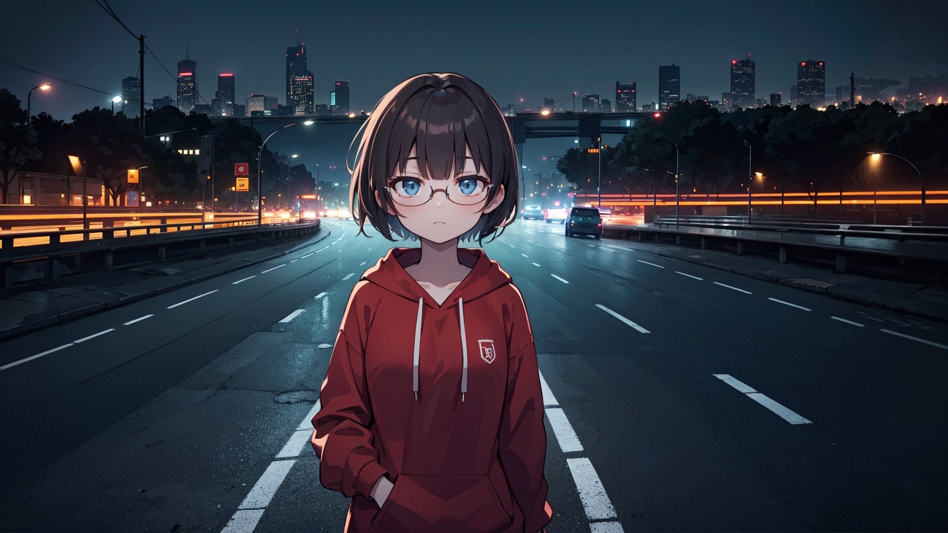 (masterpiece), best quality, high resolution, highly detailed, detailed background, perfect lighting, light blue eyes, medium breasts, cinematic, movie, The student council girl with glasses and brunette short hair in a red hoodie (((on a highway at night with city in the background))), (((minimal light, dark moody atmosphere, cinematic, urban landscape))),holographic interface