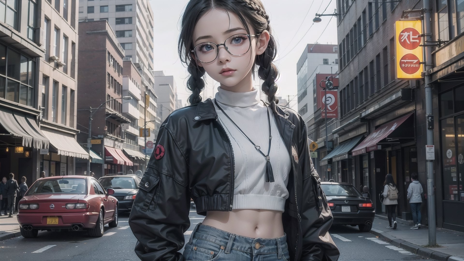 (masterpiece), best quality, high resolution, highly detailed, detailed background, perfect lighting,light blue eyes, medium breasts,cinematic, movie, The student council girl with glasses and twin braids and her NISSAN 180SX on a city street,Makeup,spider-man costume,urban techwear