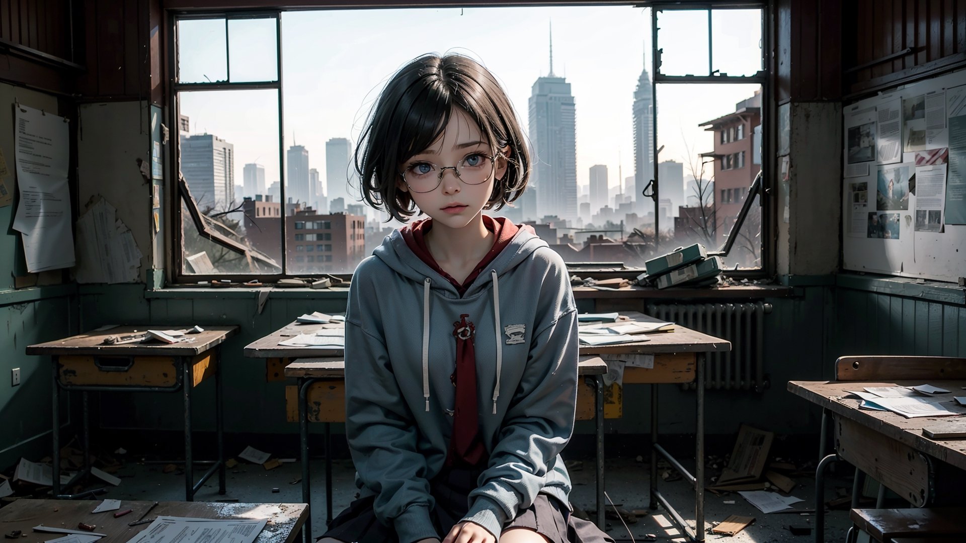 (masterpiece), best quality, high resolution, highly detailed, detailed background, perfect lighting,light blue eyes, medium breasts, cinematic, movie, The student council girl with glasses and short hair in a red hoodie (((sitting inside an abandoned old school class table with broken windows looking outside at the distroyed abandoned city))), minimal light, dark moody atmosphere, cinematic,urban, landscape, large view of the city in the background,