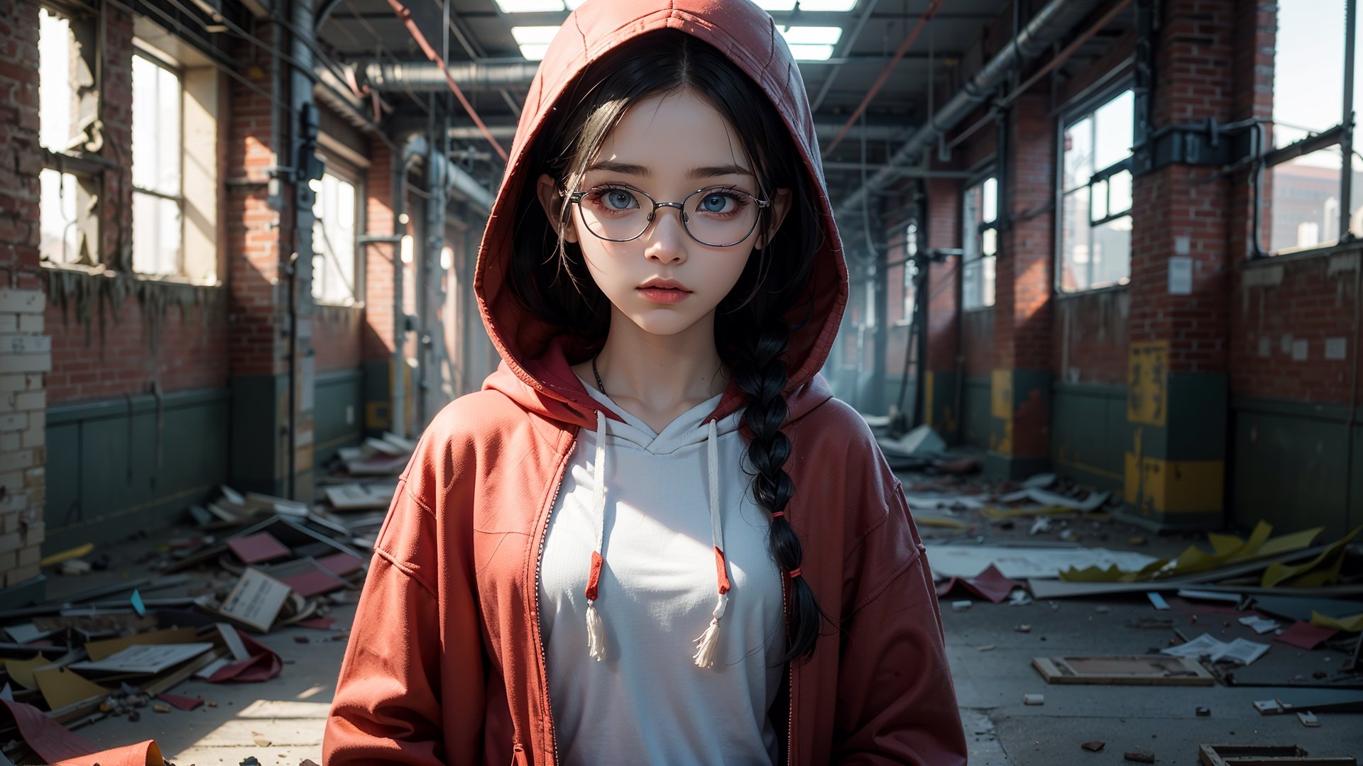 (masterpiece), best quality, high resolution, highly detailed, detailed background, perfect lighting,light blue eyes, medium breasts,cinematic, movie, The student council girl with glasses and twin braids inside (((abandoned big old factory))) with red hoodie on,Makeup,spider-man costume,urban techwear, landscape, wide angle photo