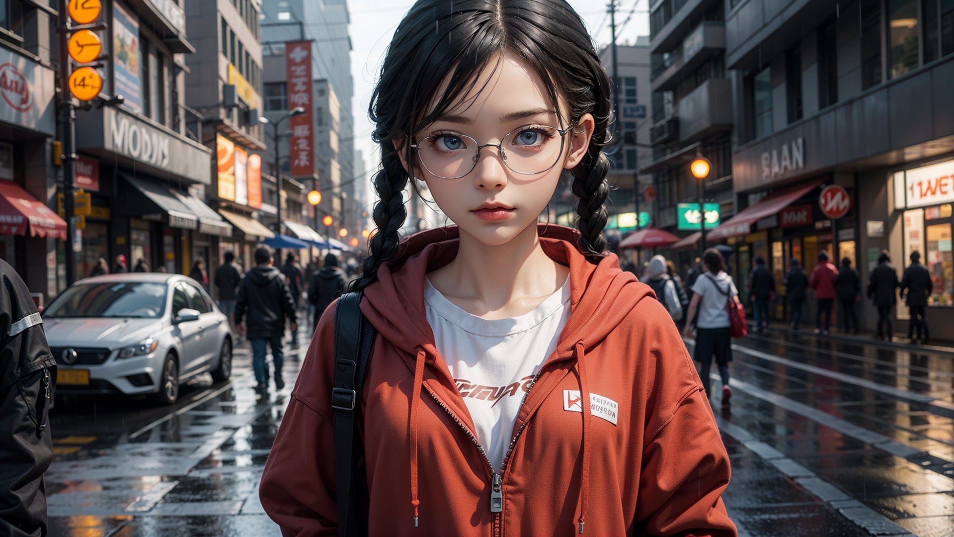 (masterpiece), best quality, high resolution, highly detailed, detailed background, perfect lighting,light blue eyes, medium breasts,cinematic, movie, The student council girl with glasses and twin braids on a rainy busy city street with red hoodie on , portrait,Makeup,spider-man costume,urban techwear, landscape, wide angle photo, reflections