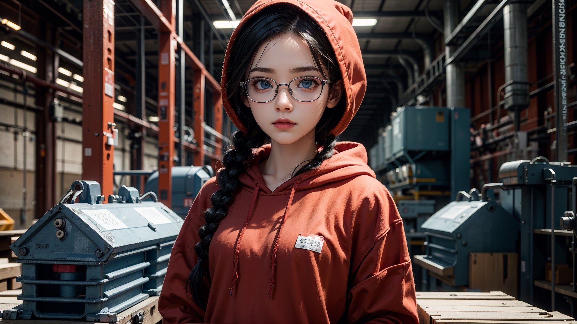 (masterpiece), best quality, high resolution, highly detailed, detailed background, perfect lighting,light blue eyes, medium breasts,cinematic, movie, The student council girl with glasses and twin braids inside (((big old factory))) with red hoodie on,Makeup,spider-man costume,urban techwear, landscape, wide angle photo