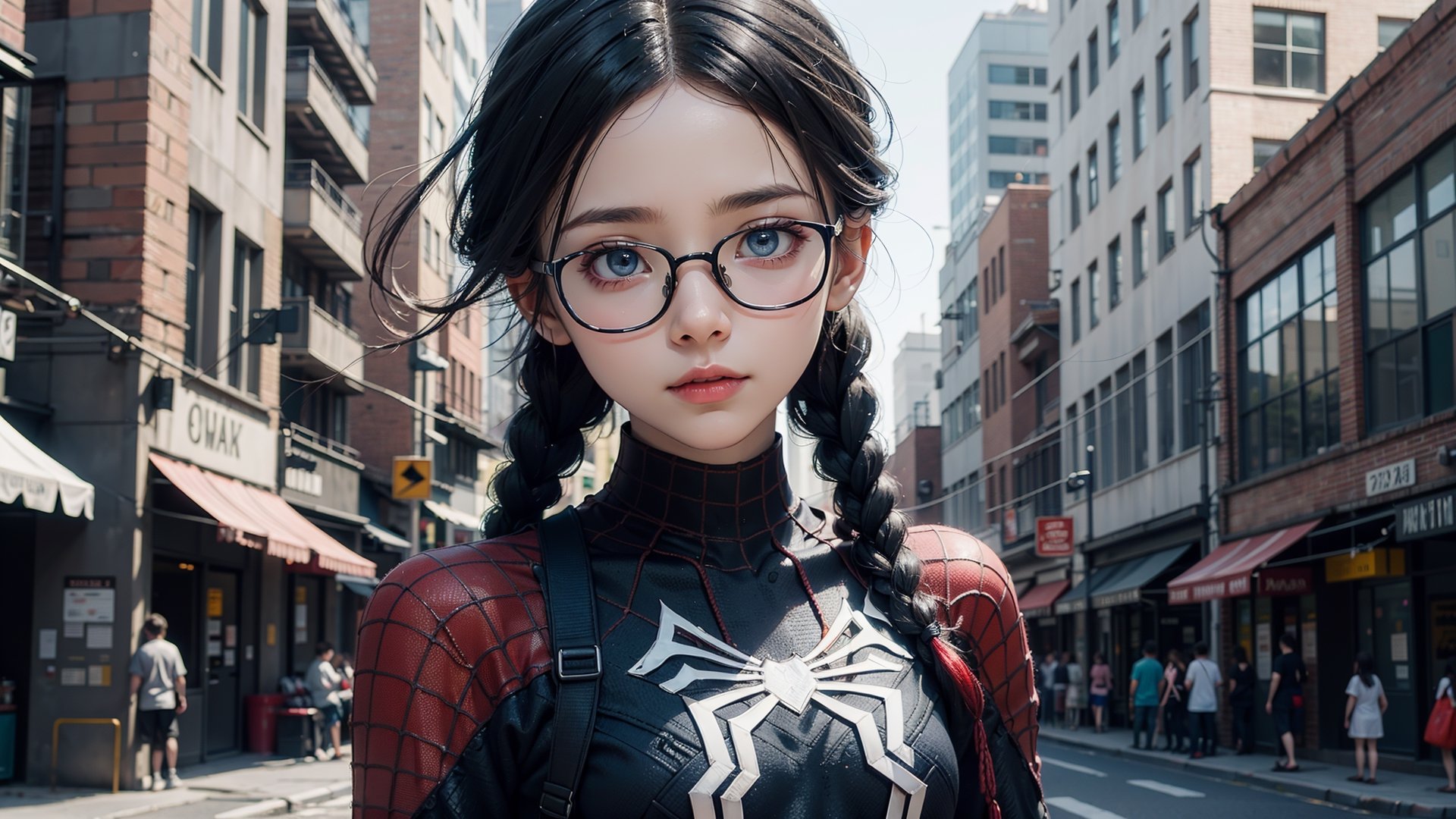 (masterpiece), best quality, high resolution, highly detailed, detailed background, perfect lighting,light blue eyes, medium breasts,cinematic, movie, The student council girl with glasses and twin braids on a city street,Makeup,spider-man costume,urban techwear